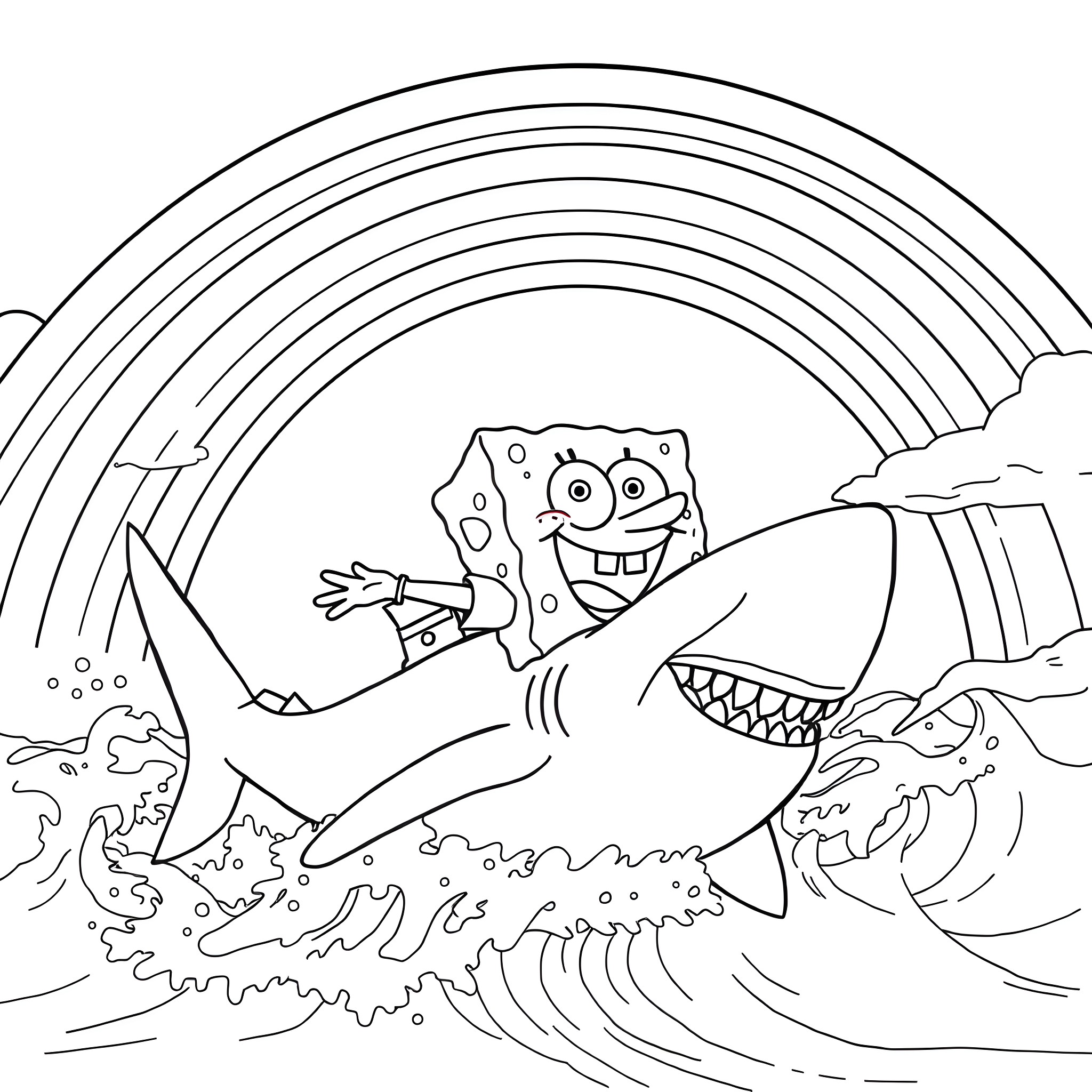 Spongebob riding a shark under a rainbow Coloring Page (free black-and-white line drawing printable PDF for all, from beginners to advanced learners, including children, teens, adults, and seniors)