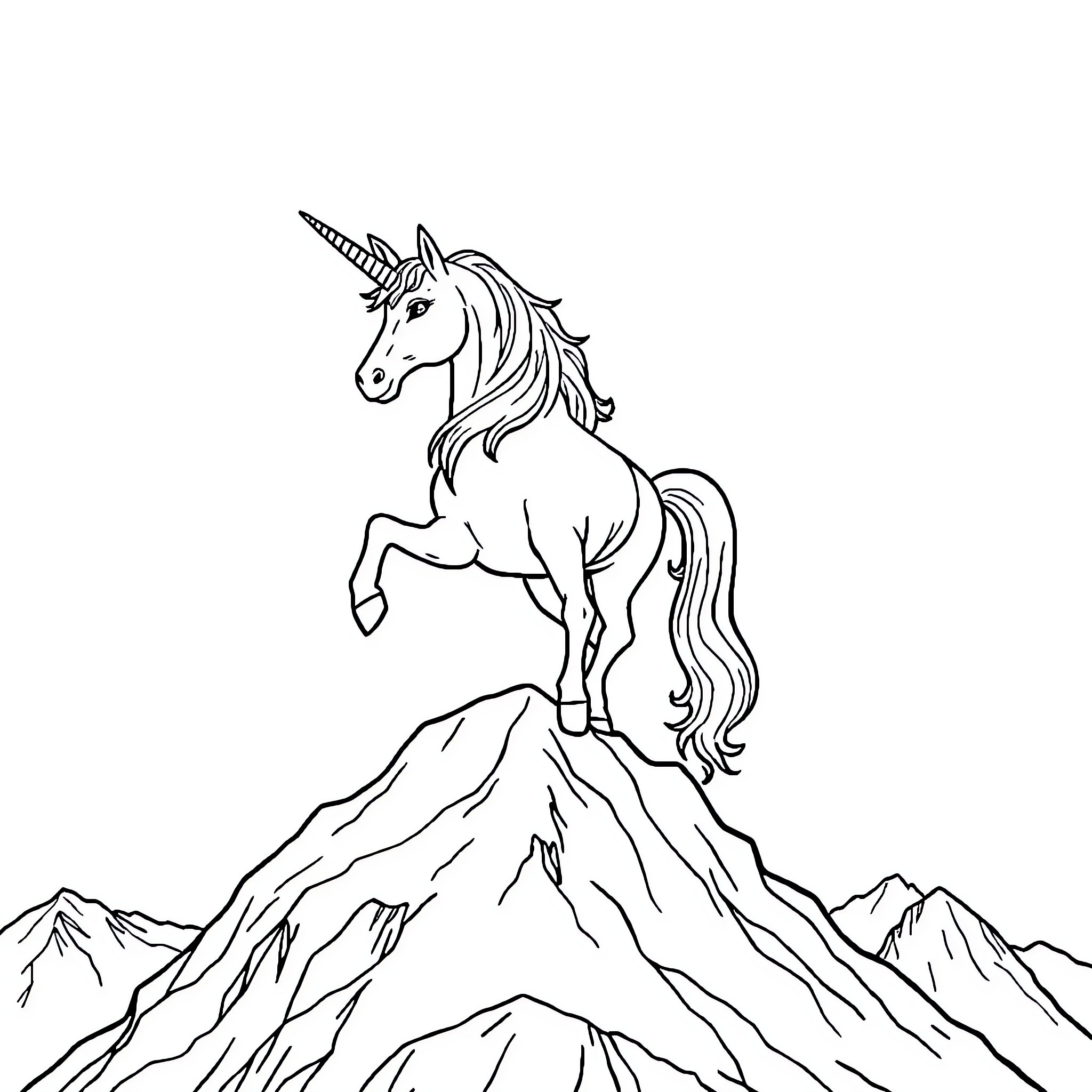 Unicorn soaring over majestic mountains Coloring Page (free black-and-white line drawing printable PDF for all, from beginners to advanced learners, including children, teens, adults, and seniors)