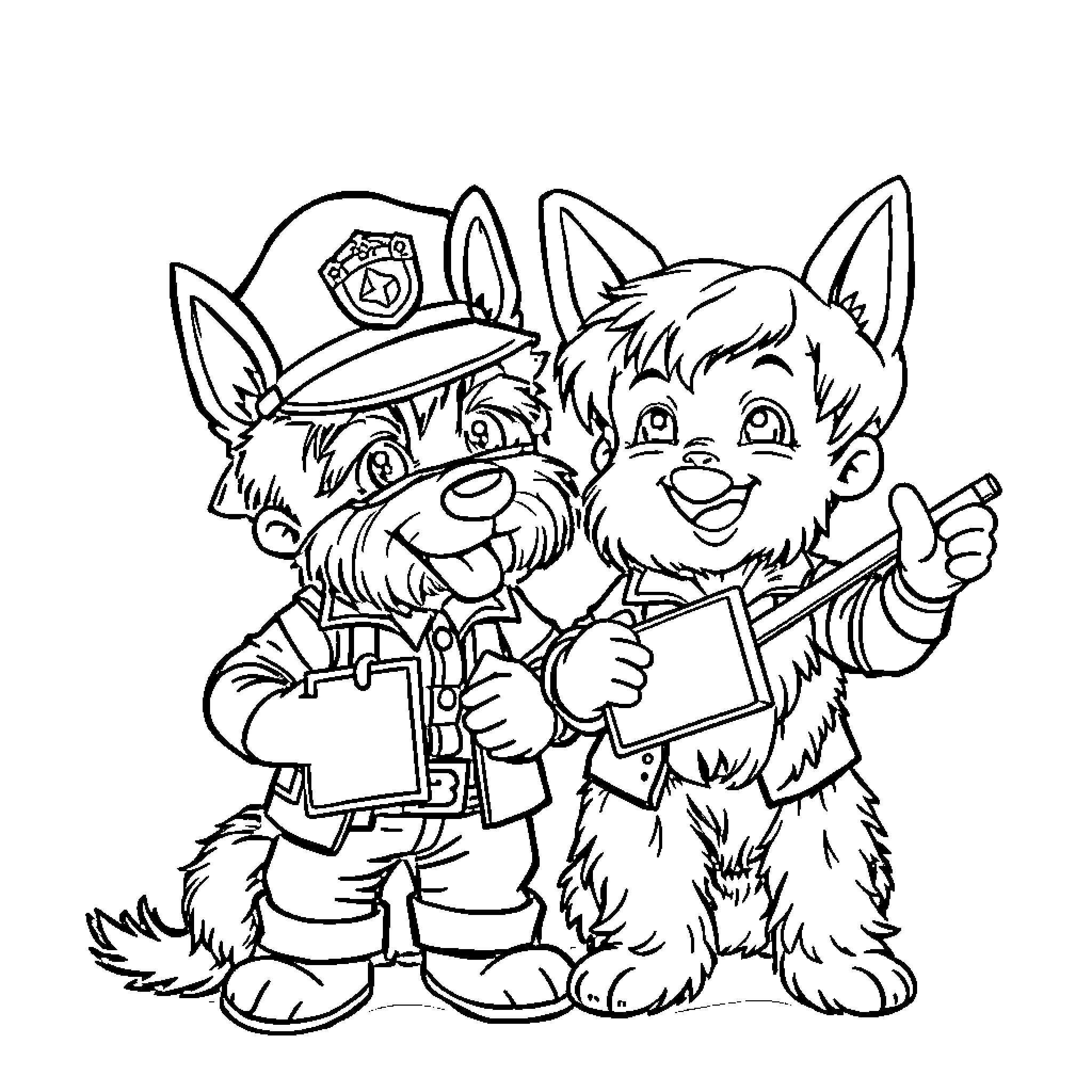 Niño playing with police puppy Coloring Page (free black-and-white line drawing printable PDF for all, from beginners to advanced learners, including children, teens, adults, and seniors)