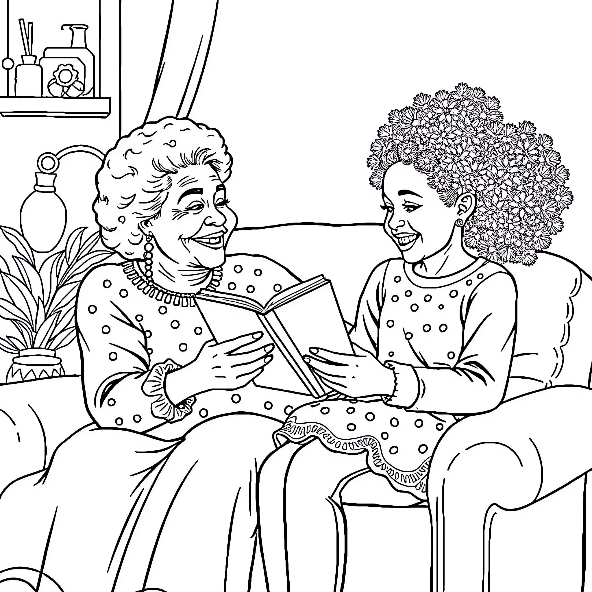 Grandmother and granddaughter sharing a book together Coloring Page (free black-and-white line drawing printable PDF for all, from beginners to advanced learners, including children, teens, adults, and seniors)