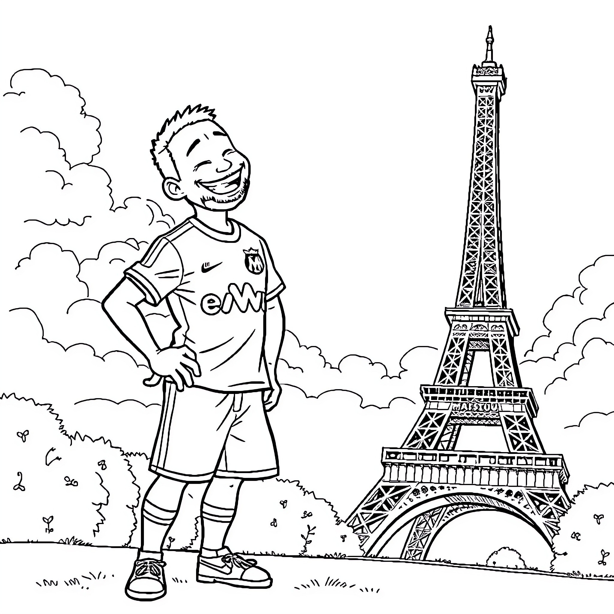 Kirikou enjoying Paris with the Eiffel Tower Coloring Page (free black-and-white line drawing printable PDF for all, from beginners to advanced learners, including children, teens, adults, and seniors)