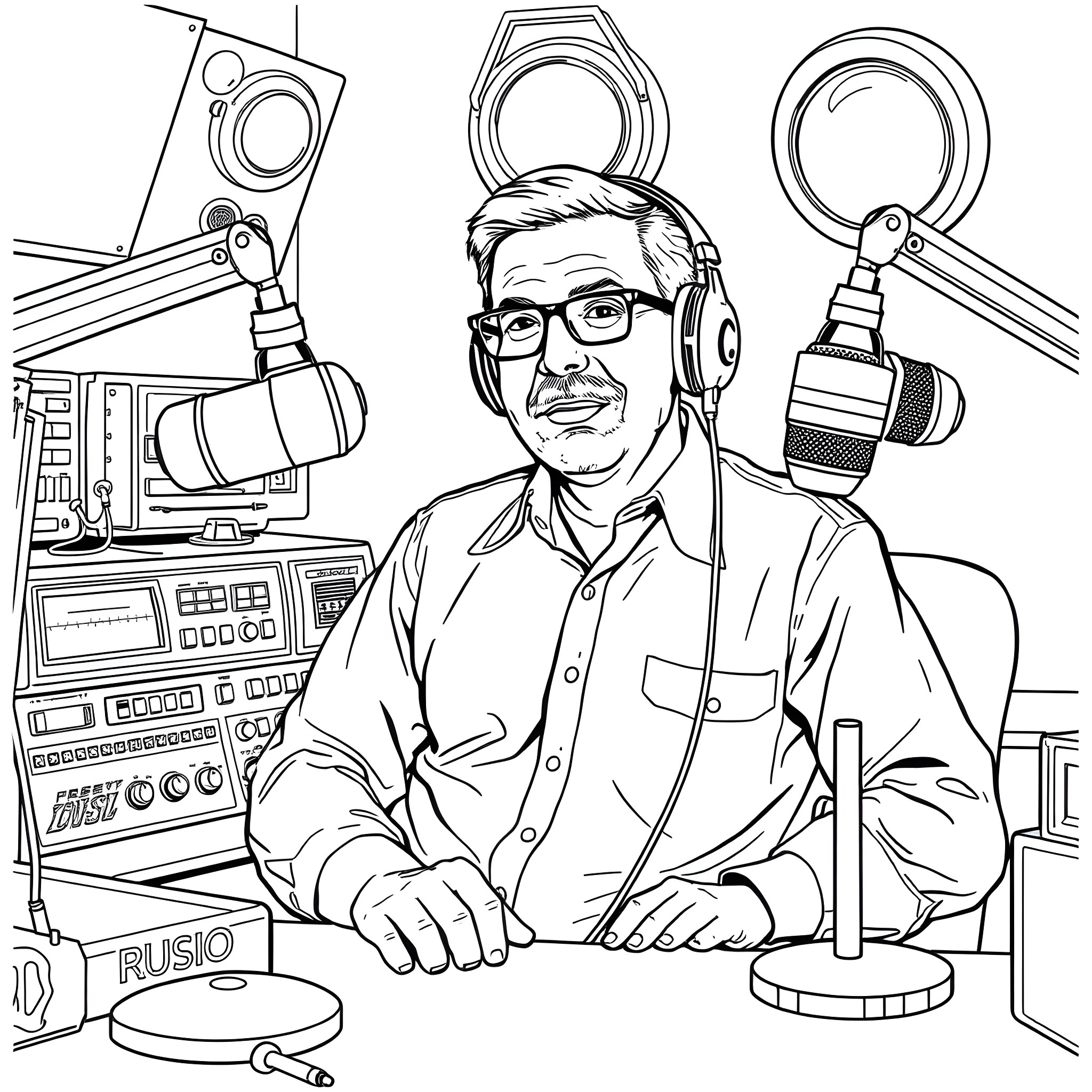 Art Bell hosting a radio show with various studio equipment Coloring Page (free black-and-white line drawing printable PDF for all, from beginners to advanced learners, including children, teens, adults, and seniors)