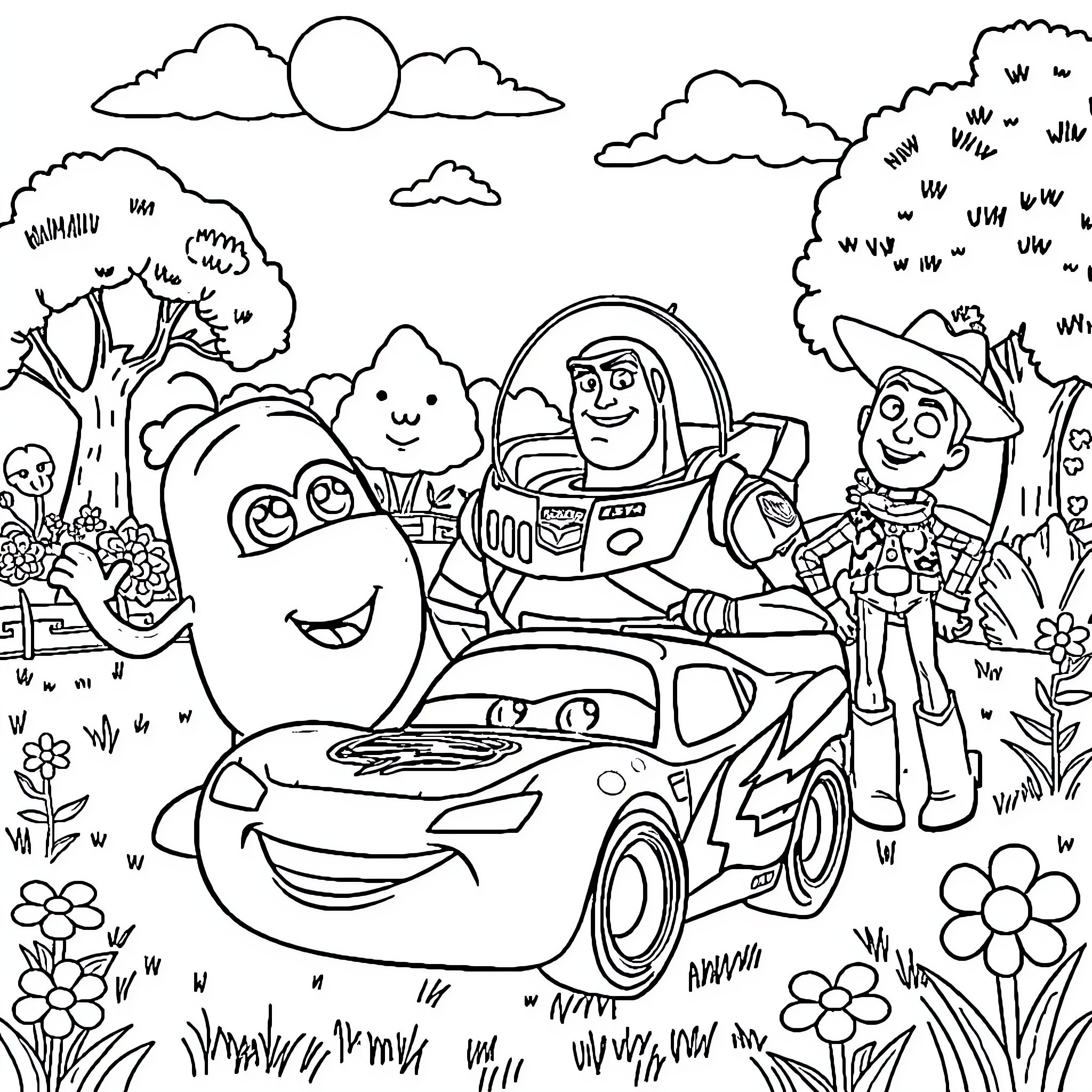Character adventure in the countryside with friends Coloring Page (free black-and-white line drawing printable PDF for all, from beginners to advanced learners, including children, teens, adults, and seniors)
