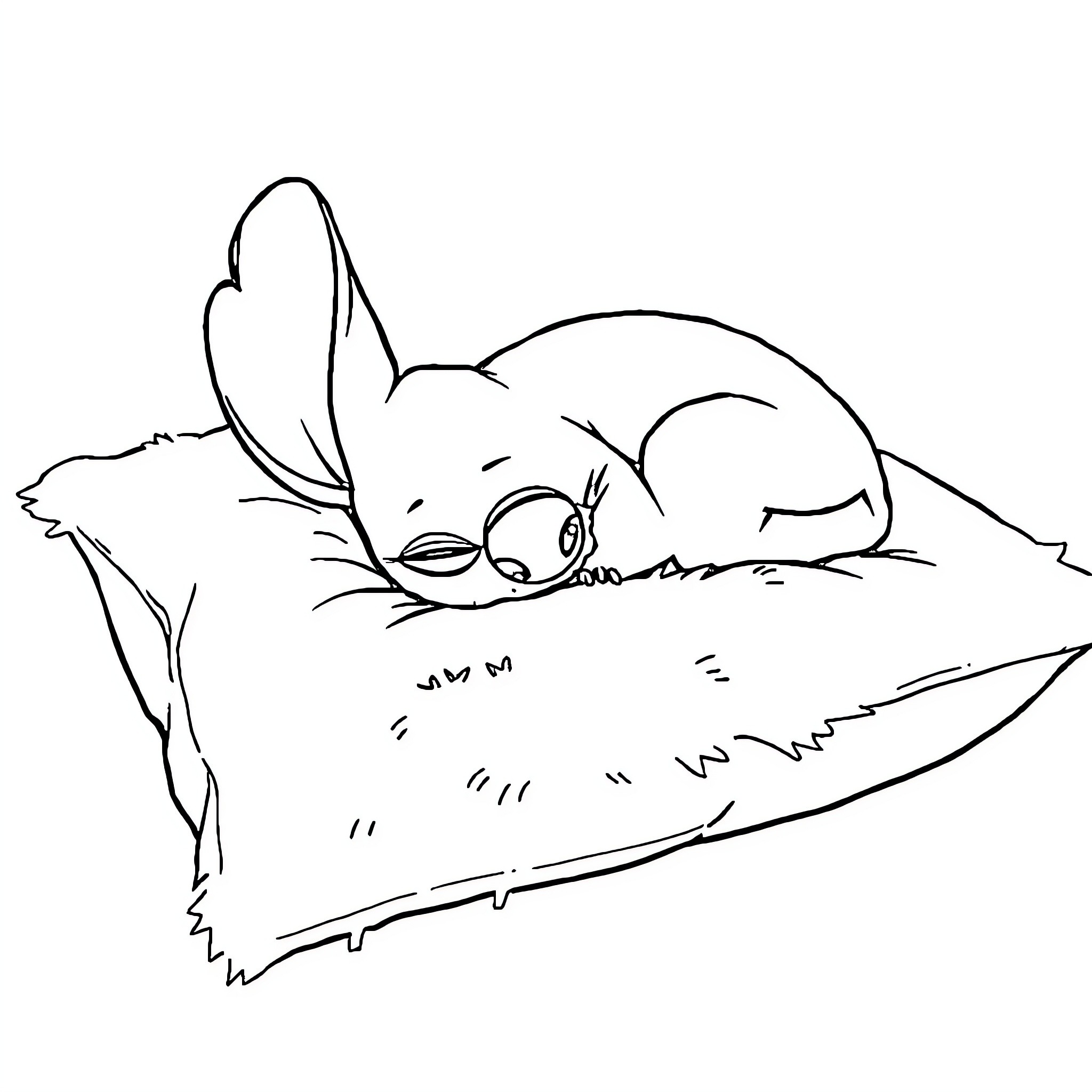 Stitch sleeping peacefully on a pillow Coloring Page (free black-and-white line drawing printable PDF for all, from beginners to advanced learners, including children, teens, adults, and seniors)