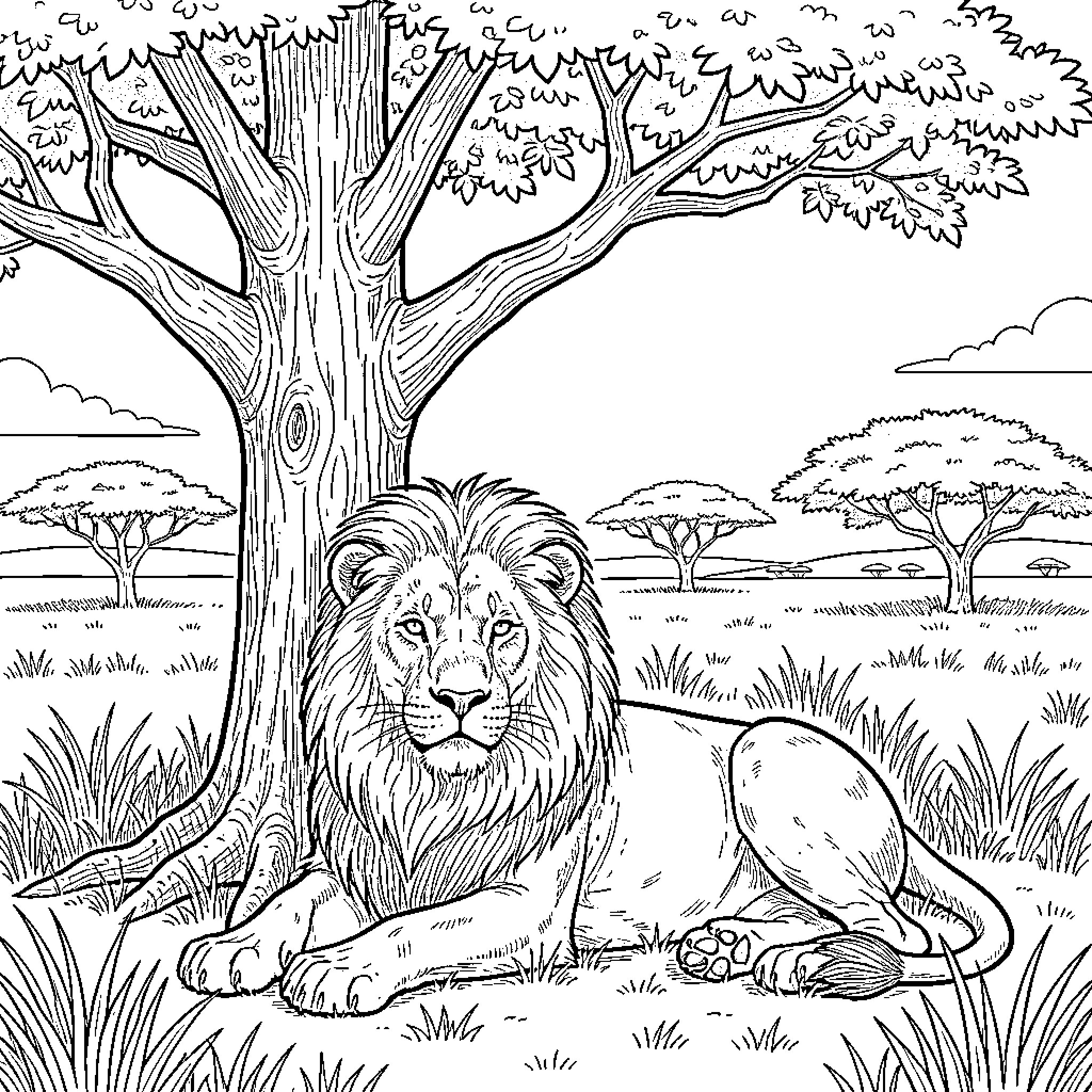 Lion resting in the wilderness Coloring Page (free black-and-white line drawing printable PDF for all, from beginners to advanced learners, including children, teens, adults, and seniors)