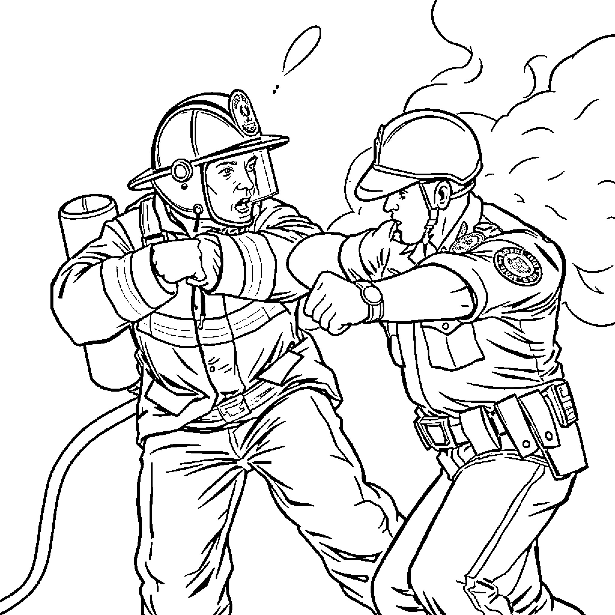 Firefighter assisting injured colleague during emergency Coloring Page (free black-and-white line drawing printable PDF for all, from beginners to advanced learners, including children, teens, adults, and seniors)