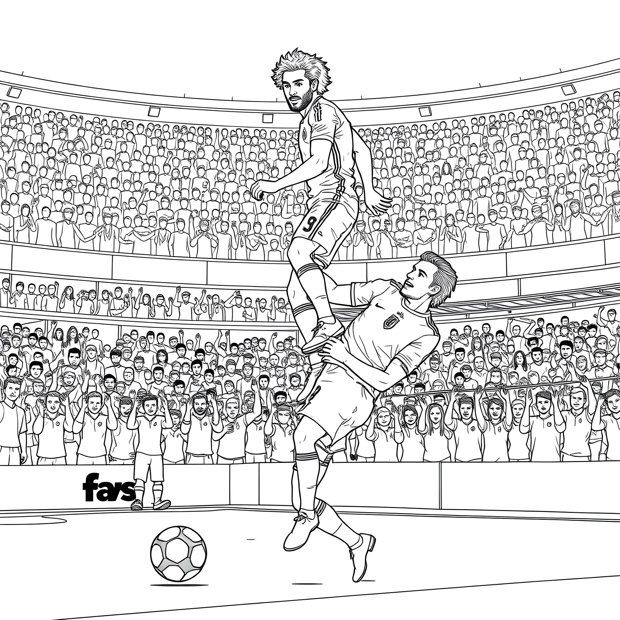 Mohammed Salah competing in a high-intensity soccer match Coloring Page (free black-and-white line drawing printable PDF for all, from beginners to advanced learners, including children, teens, adults, and seniors)