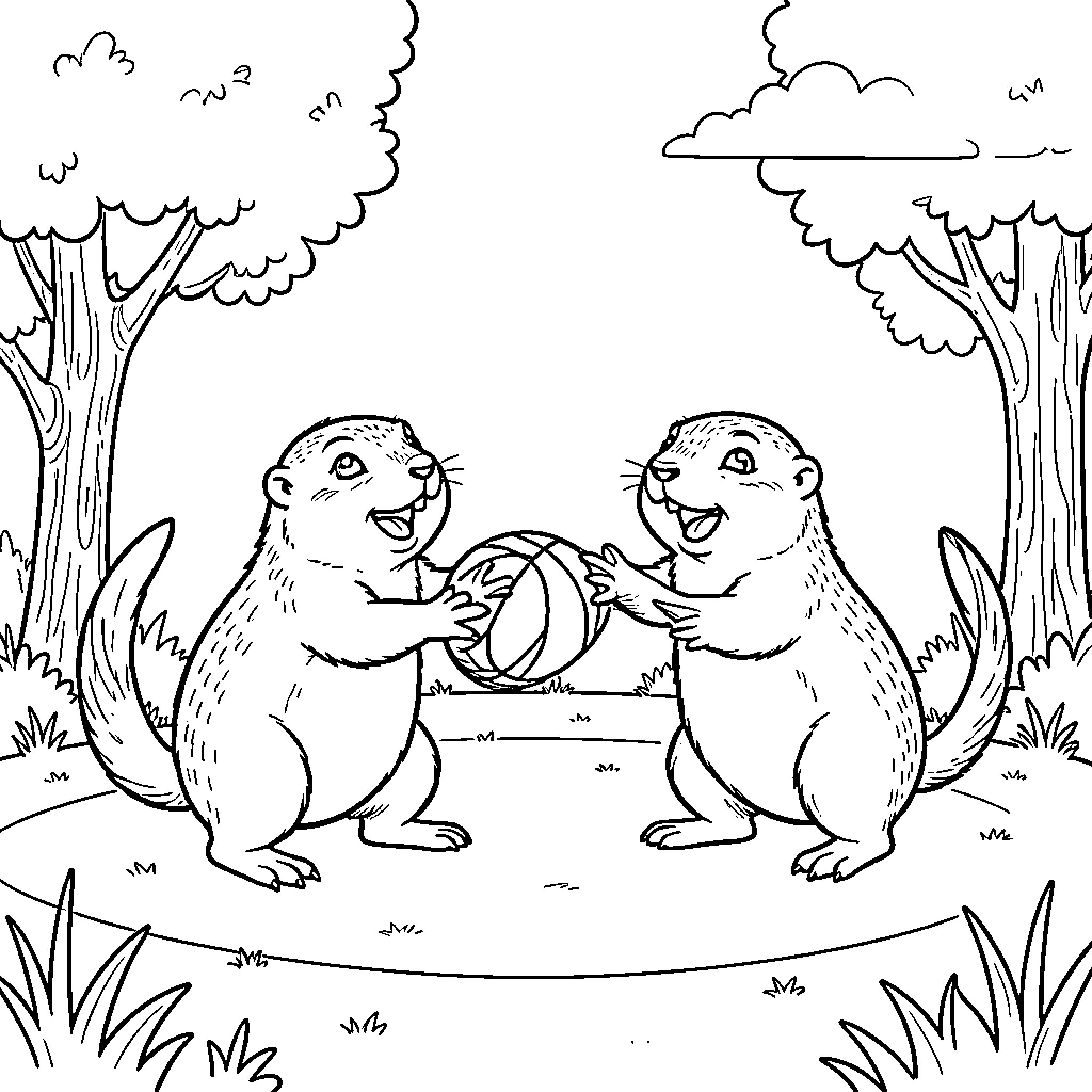 Prairie Dog playing with a ball together Coloring Page (free black-and-white line drawing printable PDF for all, from beginners to advanced learners, including children, teens, adults, and seniors)