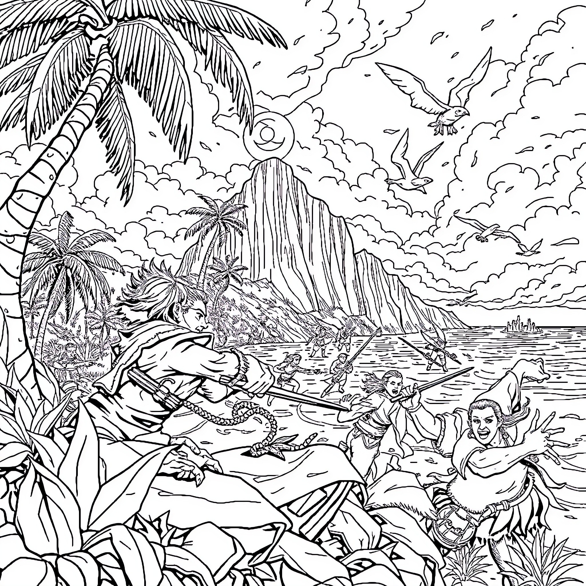 Free Fire: Tropical Island Adventure Coloring Page (free black-and-white line drawing printable PDF for all, from beginners to advanced learners, including children, teens, adults, and seniors)