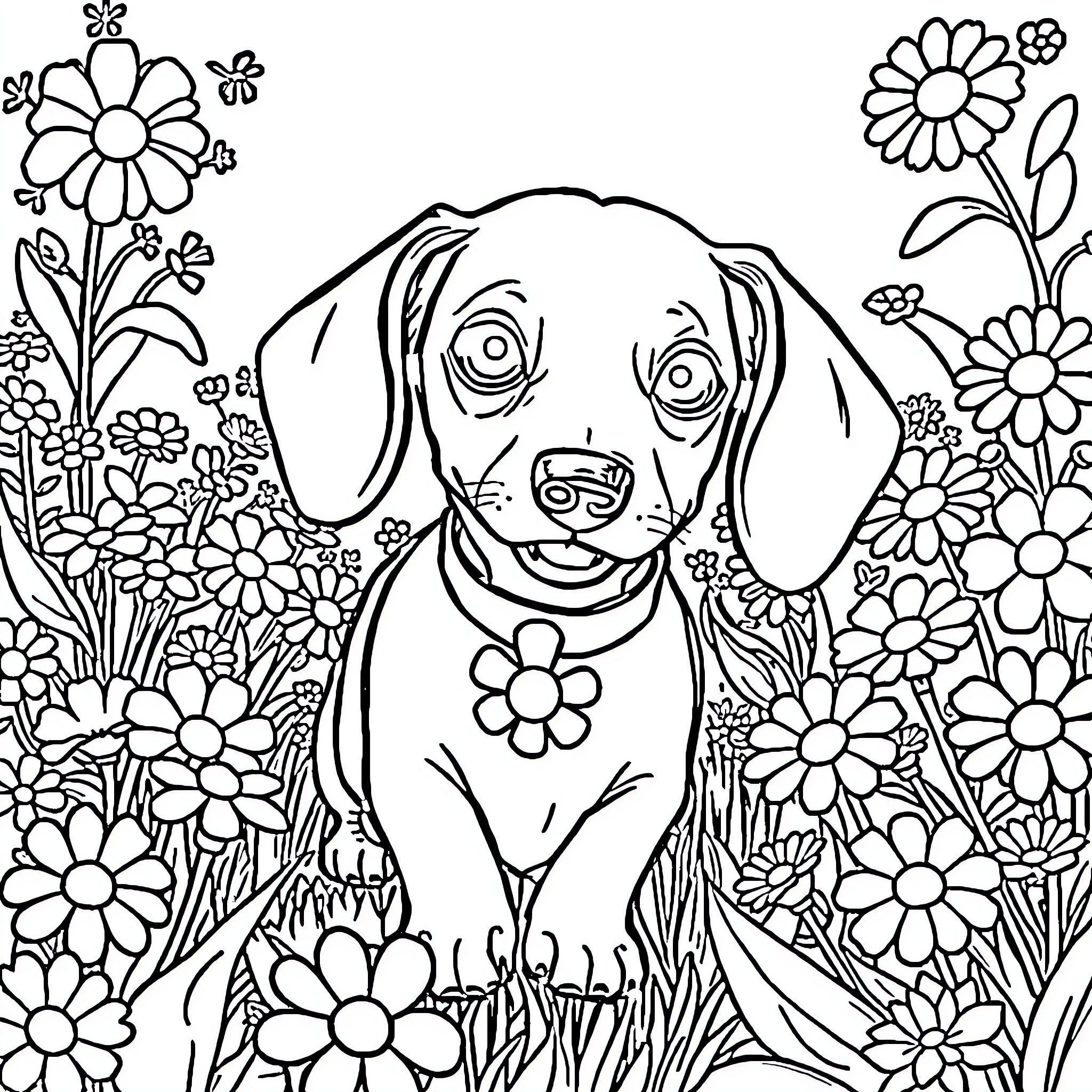 Dachshund among Vibrant Floral Blooms Coloring Page (free black-and-white line drawing printable PDF for all, from beginners to advanced learners, including children, teens, adults, and seniors)