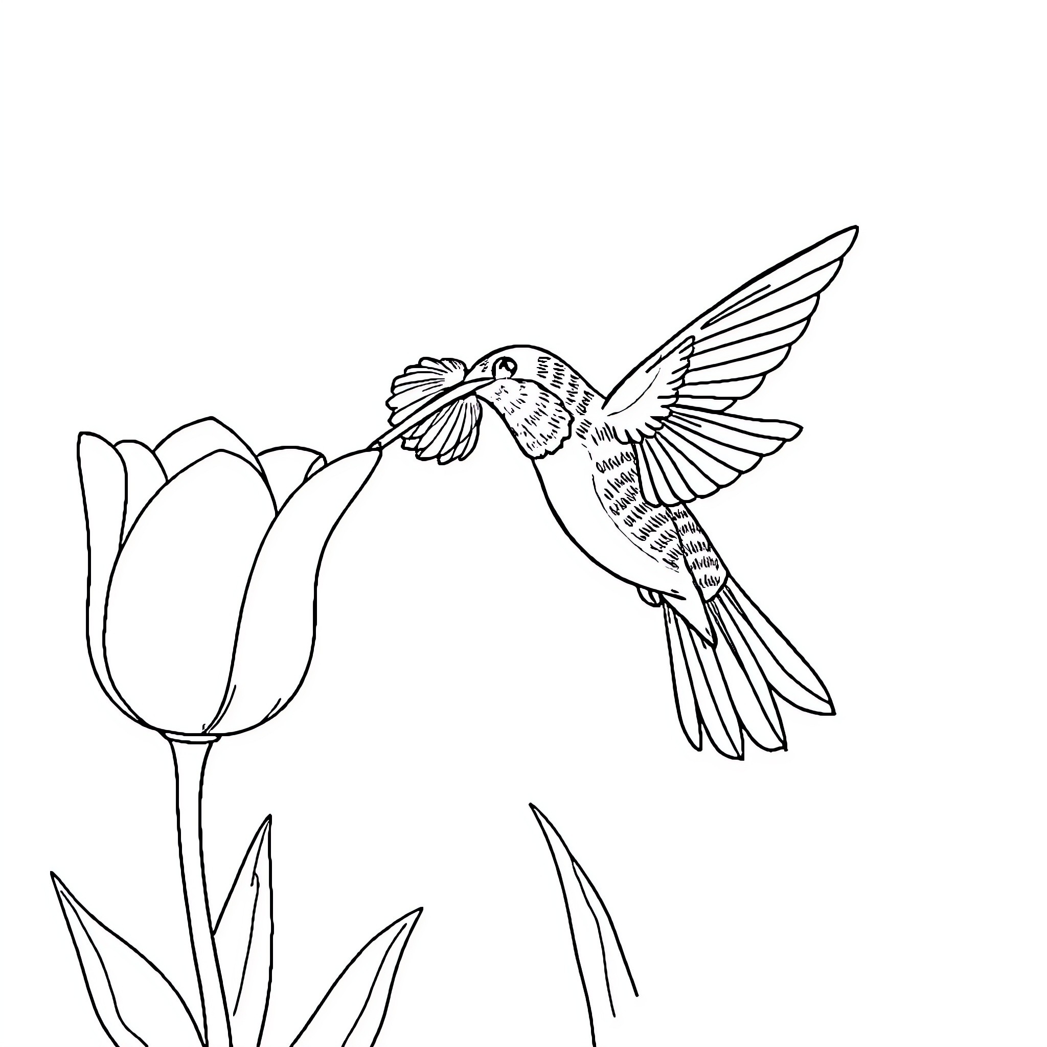 Hummingbird nearing vibrant flower Coloring Page (free black-and-white line drawing printable PDF for all, from beginners to advanced learners, including children, teens, adults, and seniors)