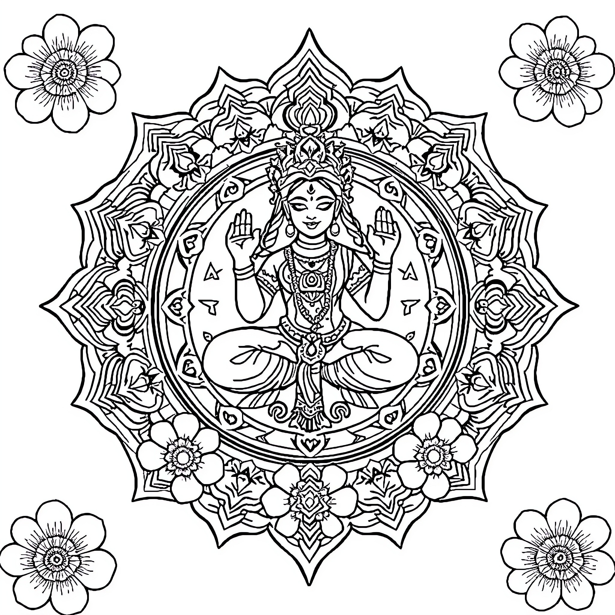 Lakshmi Yantra: Goddess in meditative pose surrounded by floral elements Coloring Page (free black-and-white line drawing printable PDF for all, from beginners to advanced learners, including children, teens, adults, and seniors)