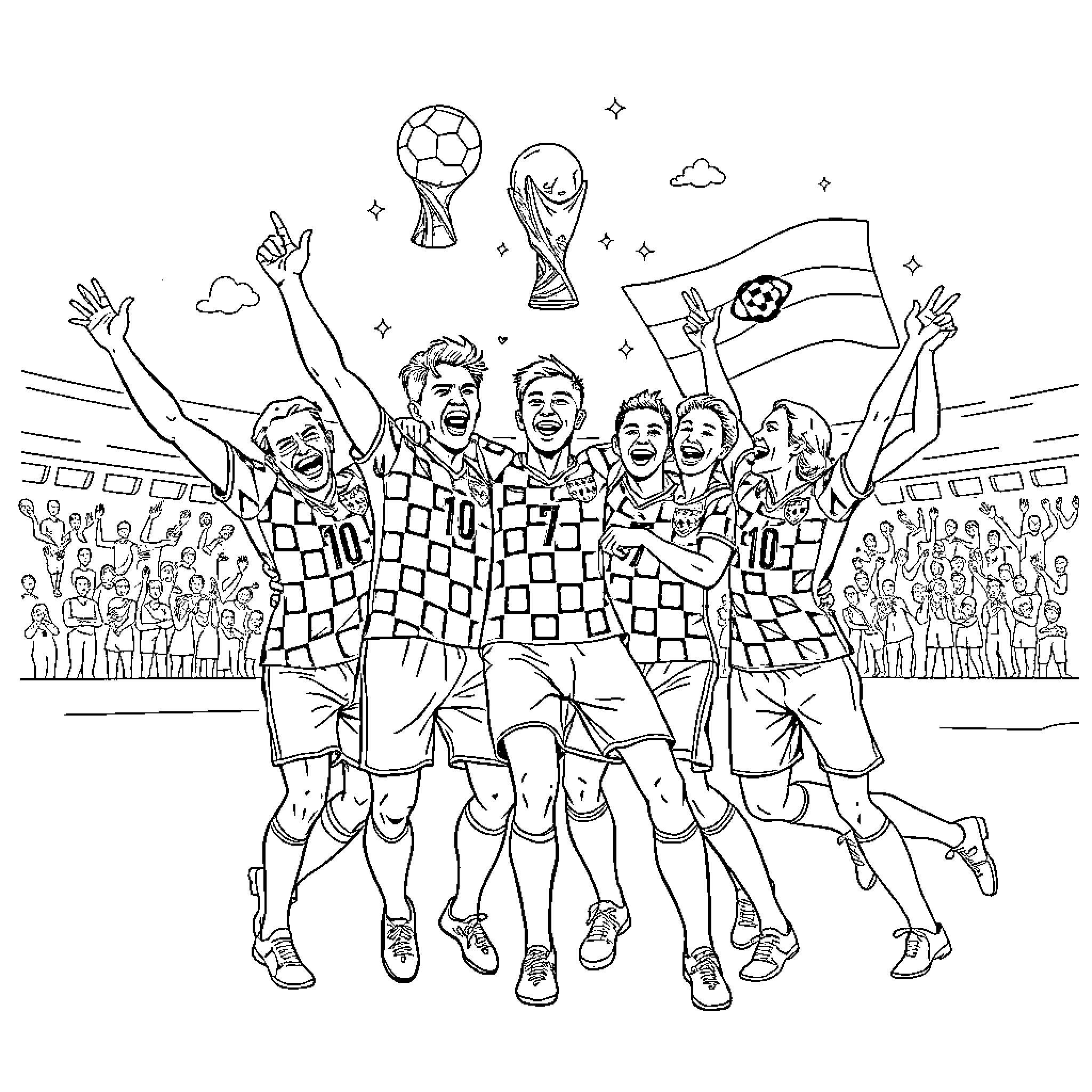 Croatia football team celebrating with fans at the stadium Coloring Page (free black-and-white line drawing printable PDF for all, from beginners to advanced learners, including children, teens, adults, and seniors)