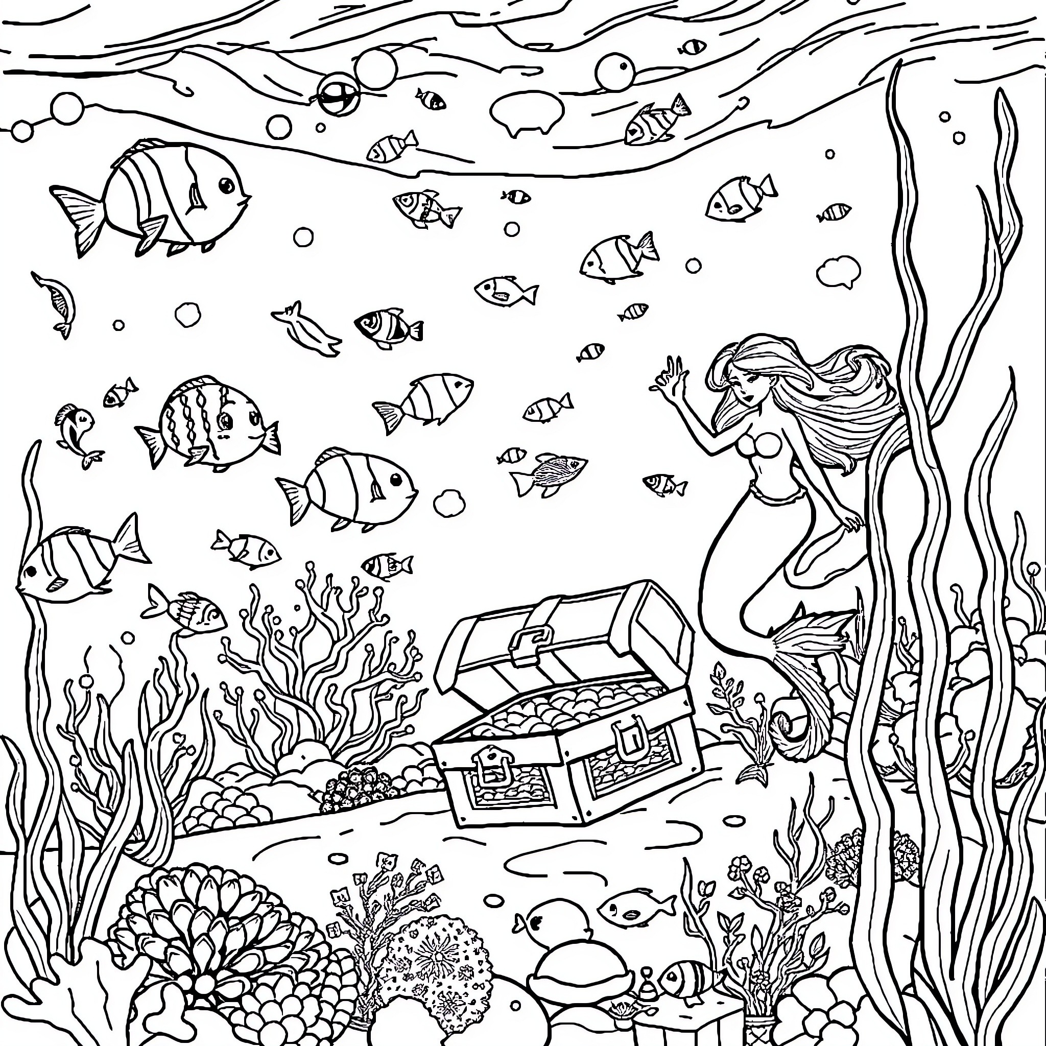 Fish swimming in the underwater world Coloring Page (free black-and-white line drawing printable PDF for all, from beginners to advanced learners, including children, teens, adults, and seniors)