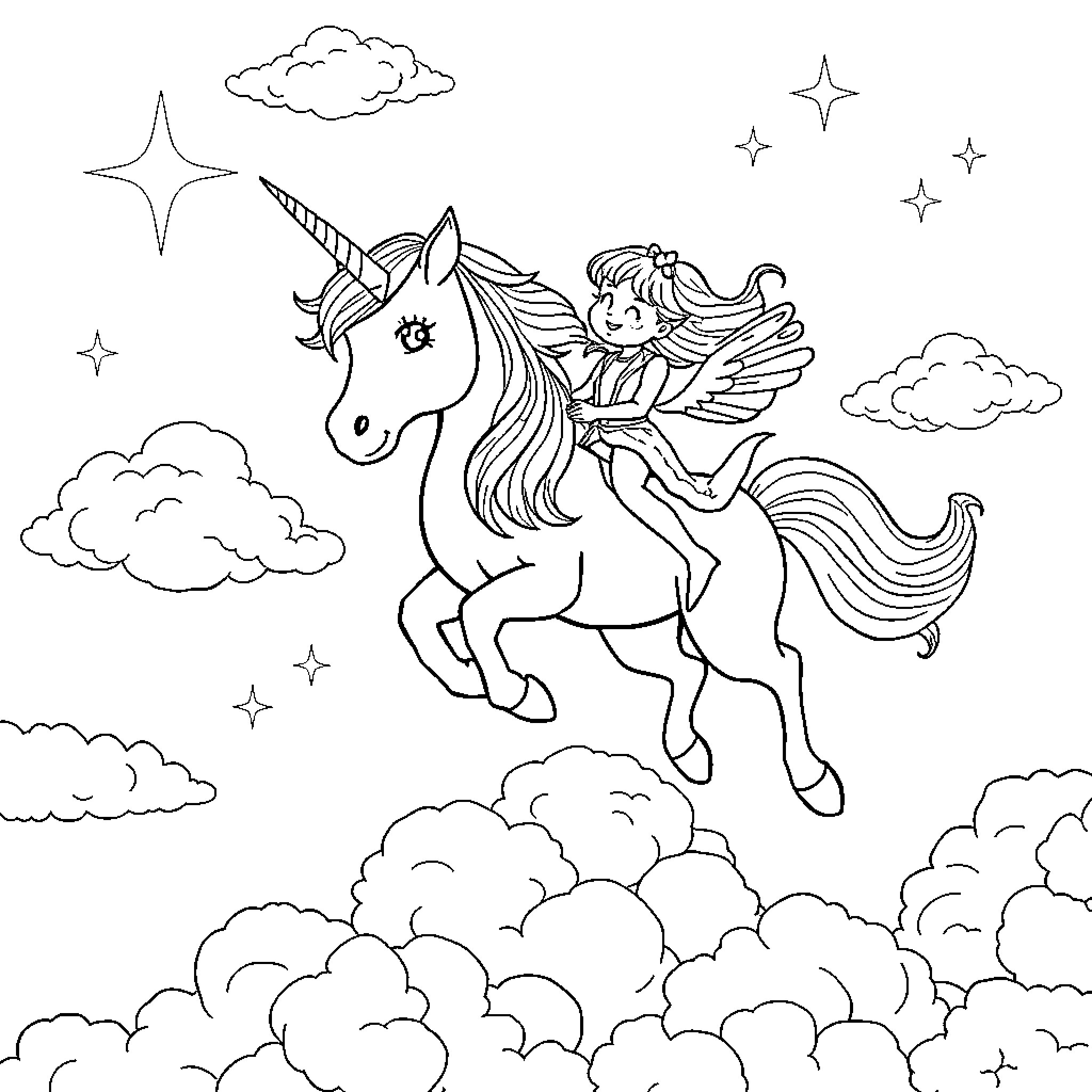 Unicorn and fairy soaring through magical clouds Coloring Page (free black-and-white line drawing printable PDF for all, from beginners to advanced learners, including children, teens, adults, and seniors)