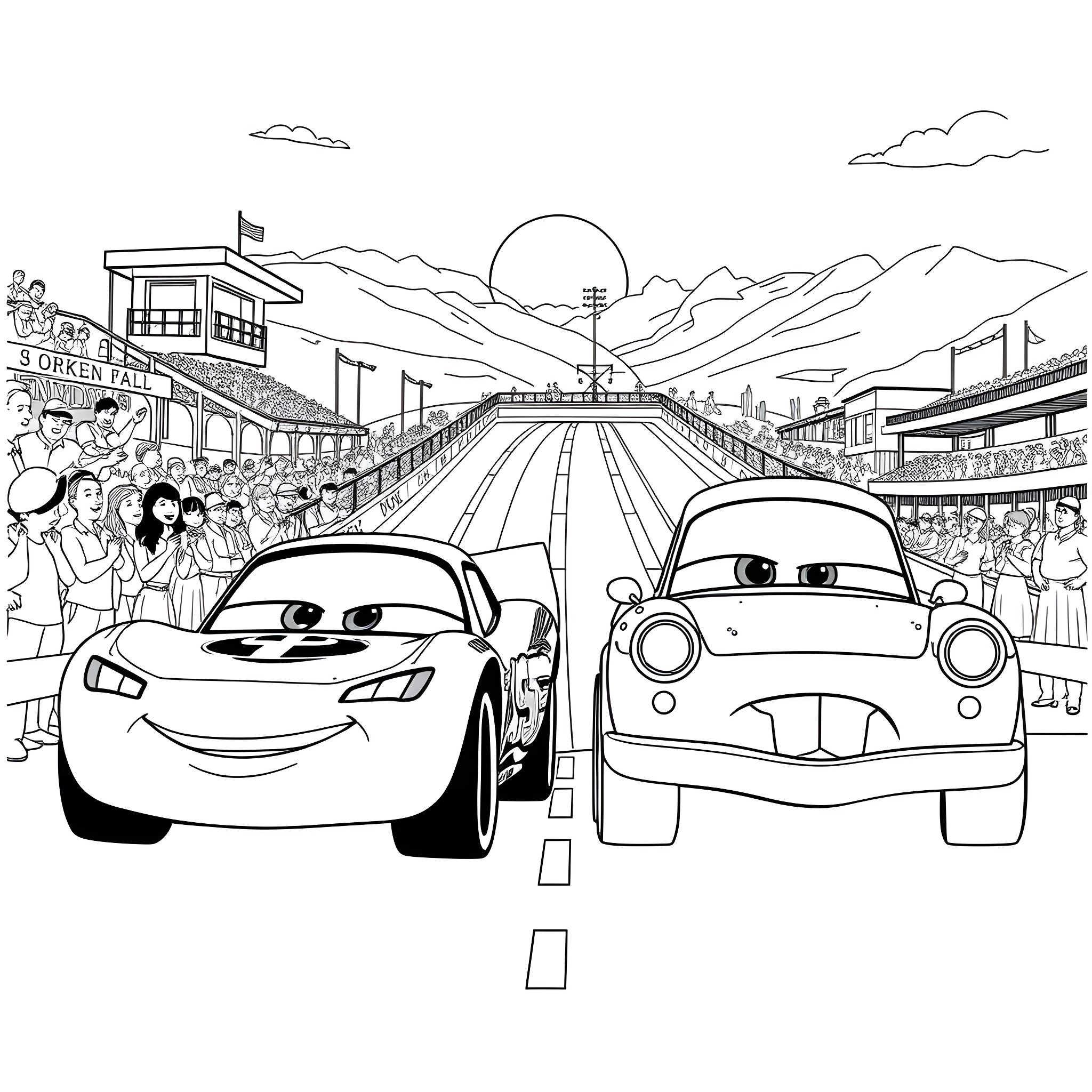 Lightning McQueen's Race at the Stadium Coloring Page (free black-and-white line drawing printable PDF for all, from beginners to advanced learners, including children, teens, adults, and seniors)