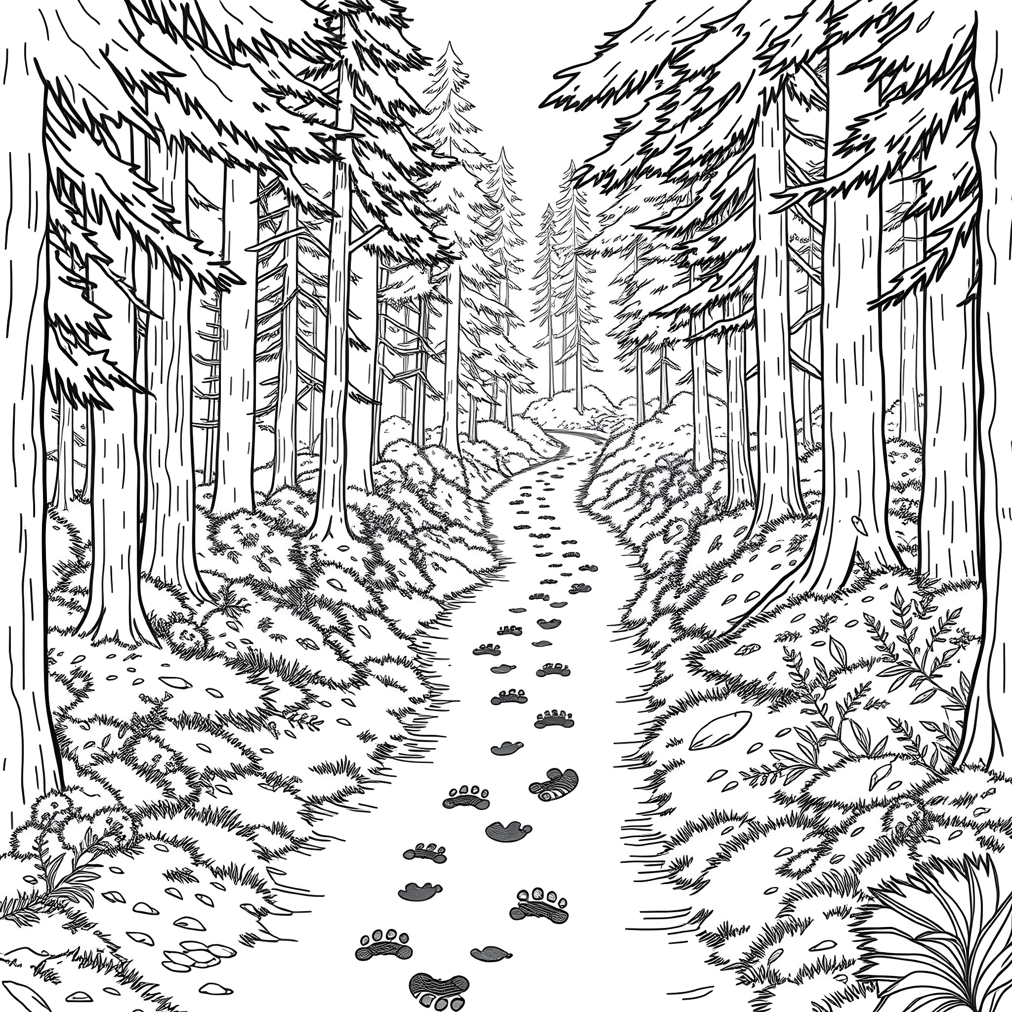 Animal Footprint in the Enchanted Forest Coloring Page (free black-and-white line drawing printable PDF for all, from beginners to advanced learners, including children, teens, adults, and seniors)