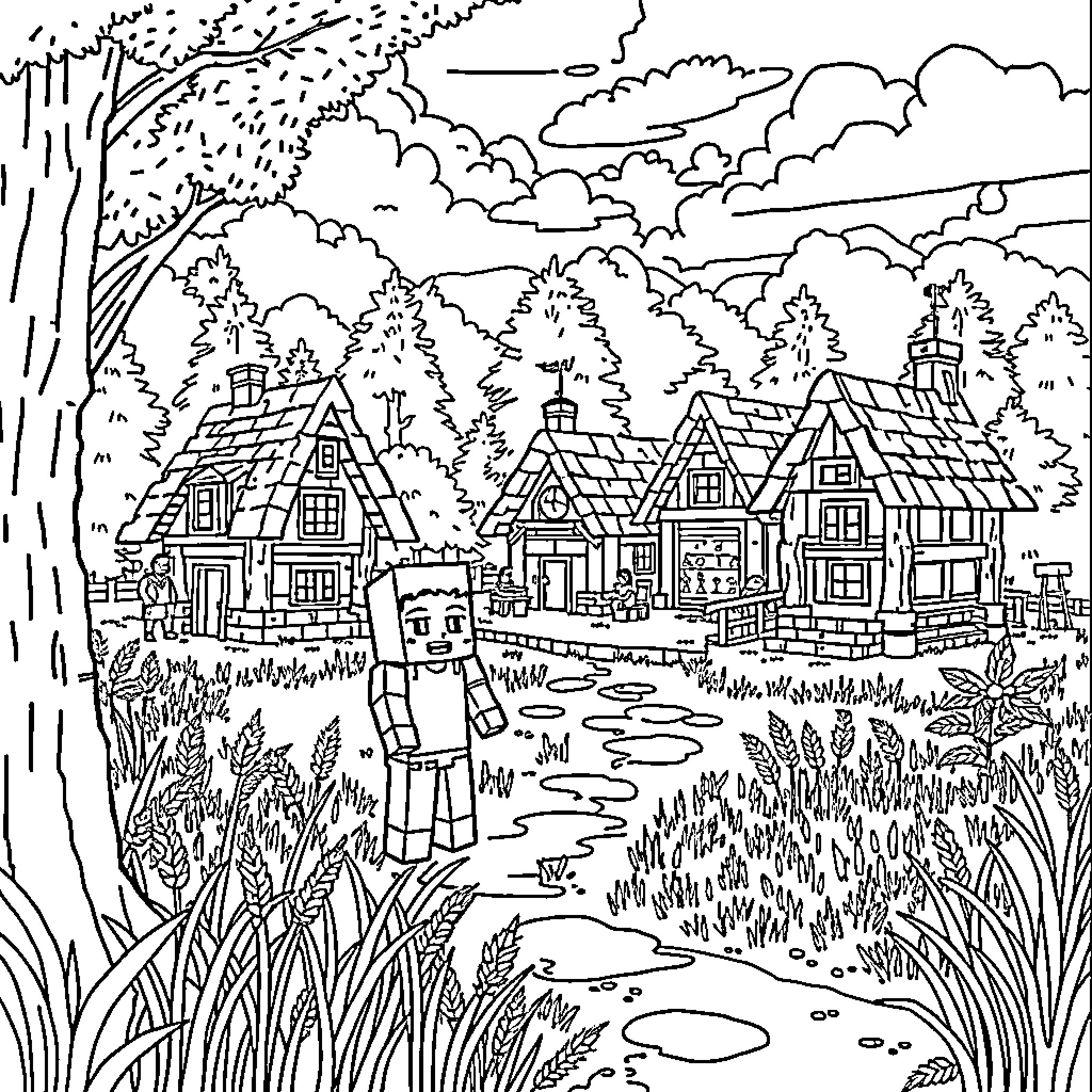 Villager exploring the charming countryside village Coloring Page (free black-and-white line drawing printable PDF for all, from beginners to advanced learners, including children, teens, adults, and seniors)