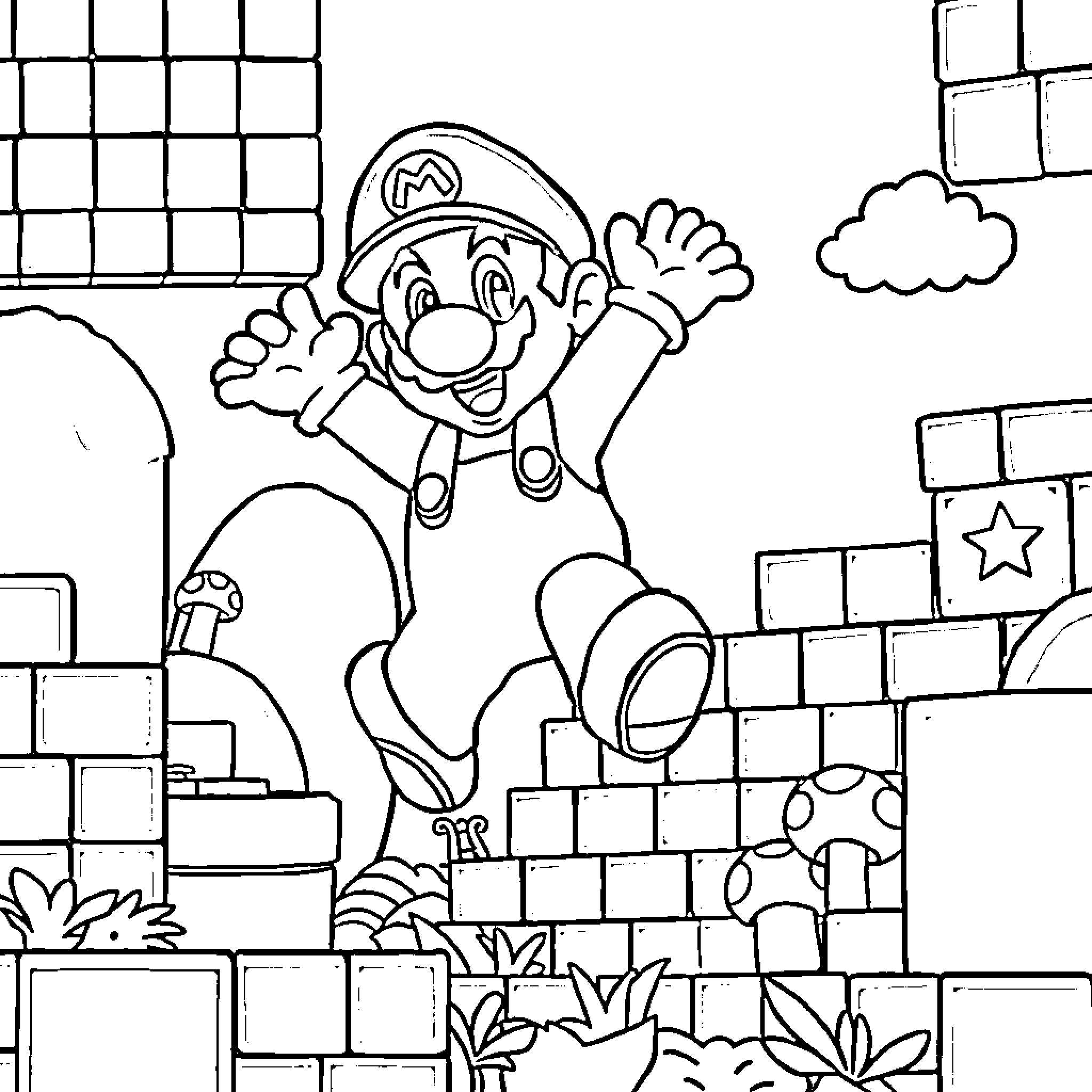Super Mario Jumping with Excitement in the Mushroom Kingdom Coloring Page (free black-and-white line drawing printable PDF for all, from beginners to advanced learners, including children, teens, adults, and seniors)