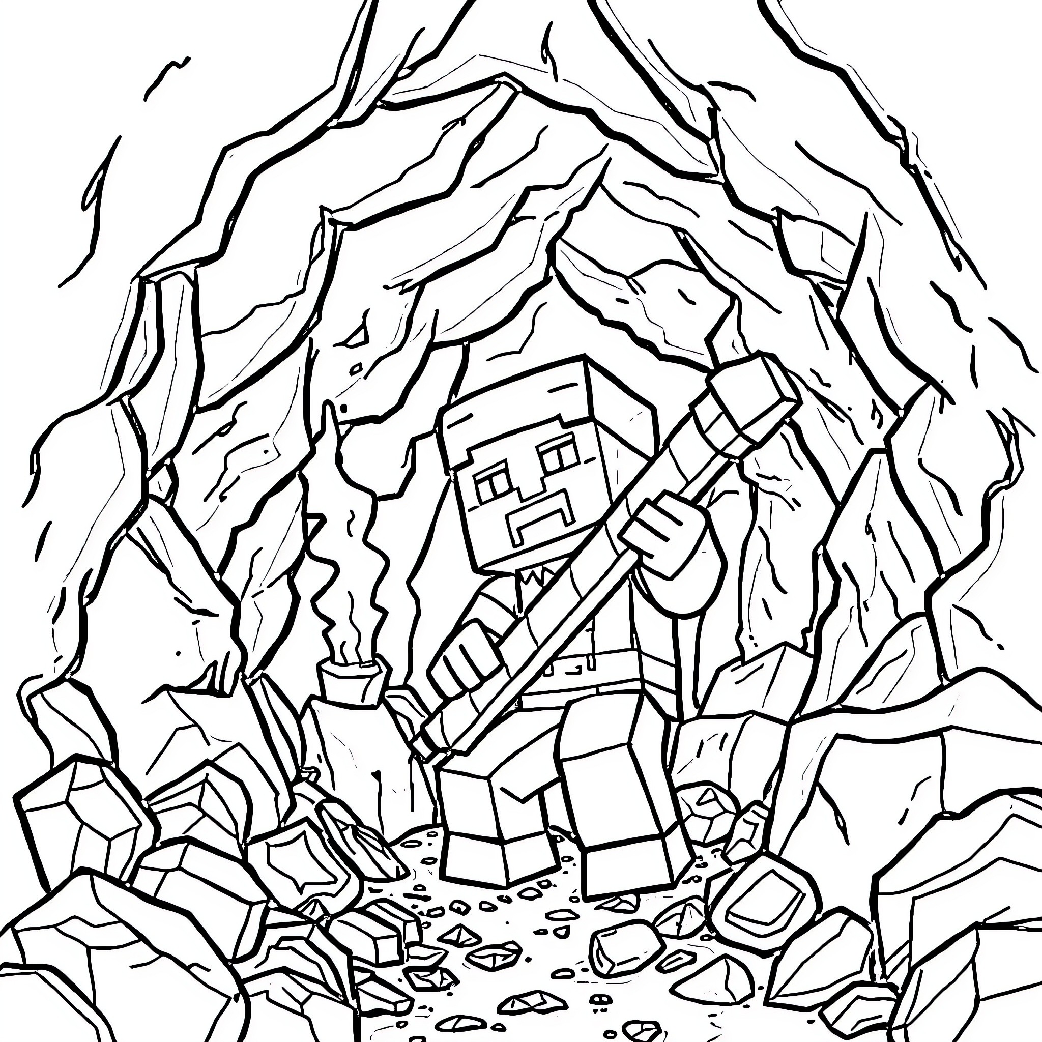 Alex exploring the mysterious cave Coloring Page (free black-and-white line drawing printable PDF for all, from beginners to advanced learners, including children, teens, adults, and seniors)