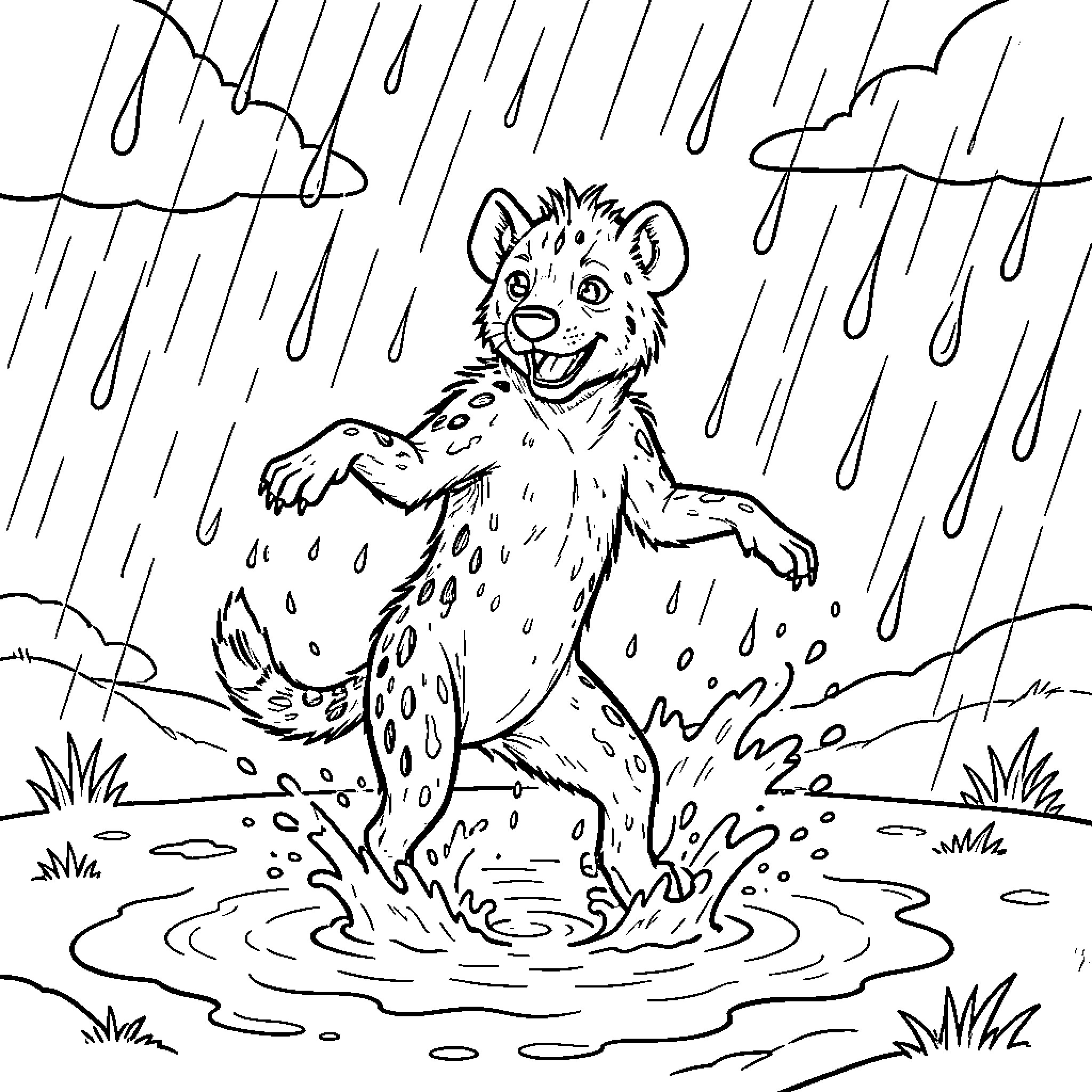 Hyena jumping joyfully in a rain puddle Coloring Page (free black-and-white line drawing printable PDF for all, from beginners to advanced learners, including children, teens, adults, and seniors)