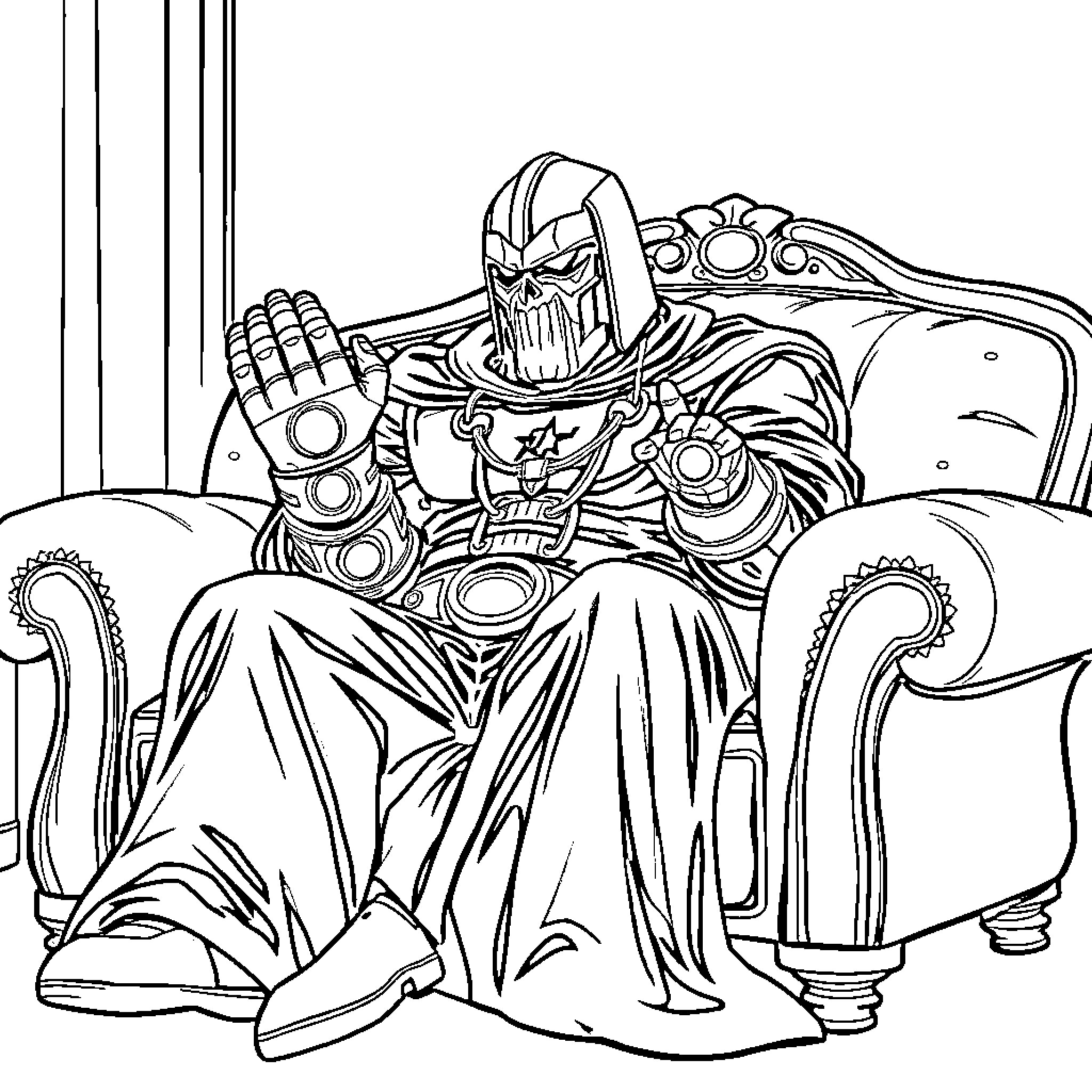 MF DOOM's Regal Portrayal Coloring Page (free black-and-white line drawing printable PDF for all, from beginners to advanced learners, including children, teens, adults, and seniors)