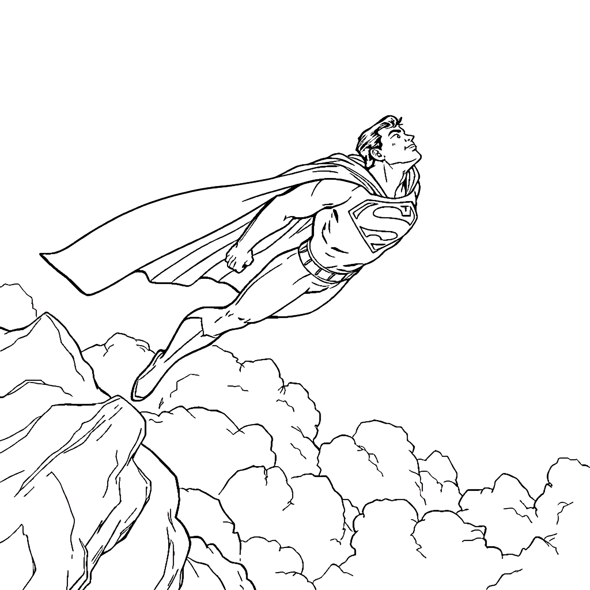 Superman flying over the clouds in action Coloring Page (free black-and-white line drawing printable PDF for all, from beginners to advanced learners, including children, teens, adults, and seniors)