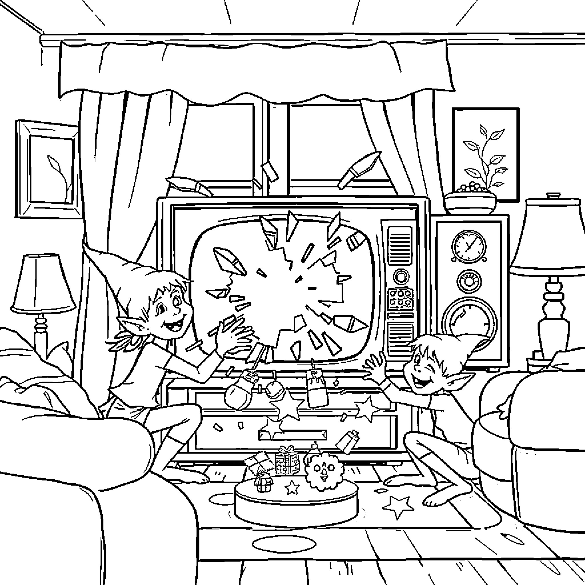 Elf siblings playing video games in a cozy living room Coloring Page (free black-and-white line drawing printable PDF for all, from beginners to advanced learners, including children, teens, adults, and seniors)