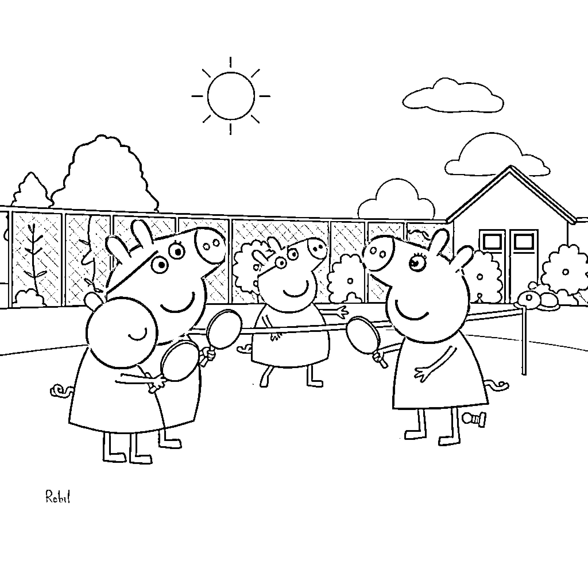 Peppa Pig and friends playing happily outdoors Coloring Page (free black-and-white line drawing printable PDF for all, from beginners to advanced learners, including children, teens, adults, and seniors)