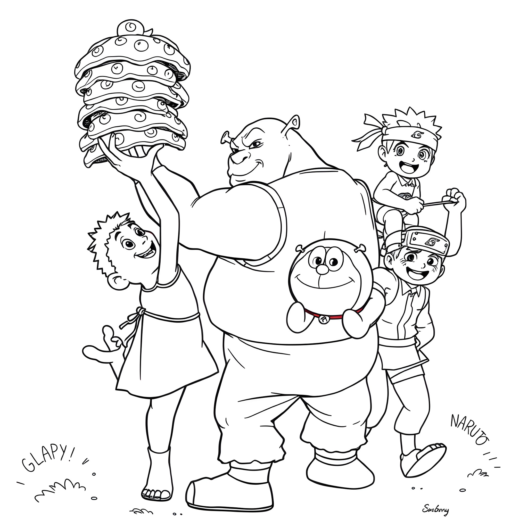 Chhota Bheem and friends enjoying a delightful gathering Coloring Page (free black-and-white line drawing printable PDF for all, from beginners to advanced learners, including children, teens, adults, and seniors)