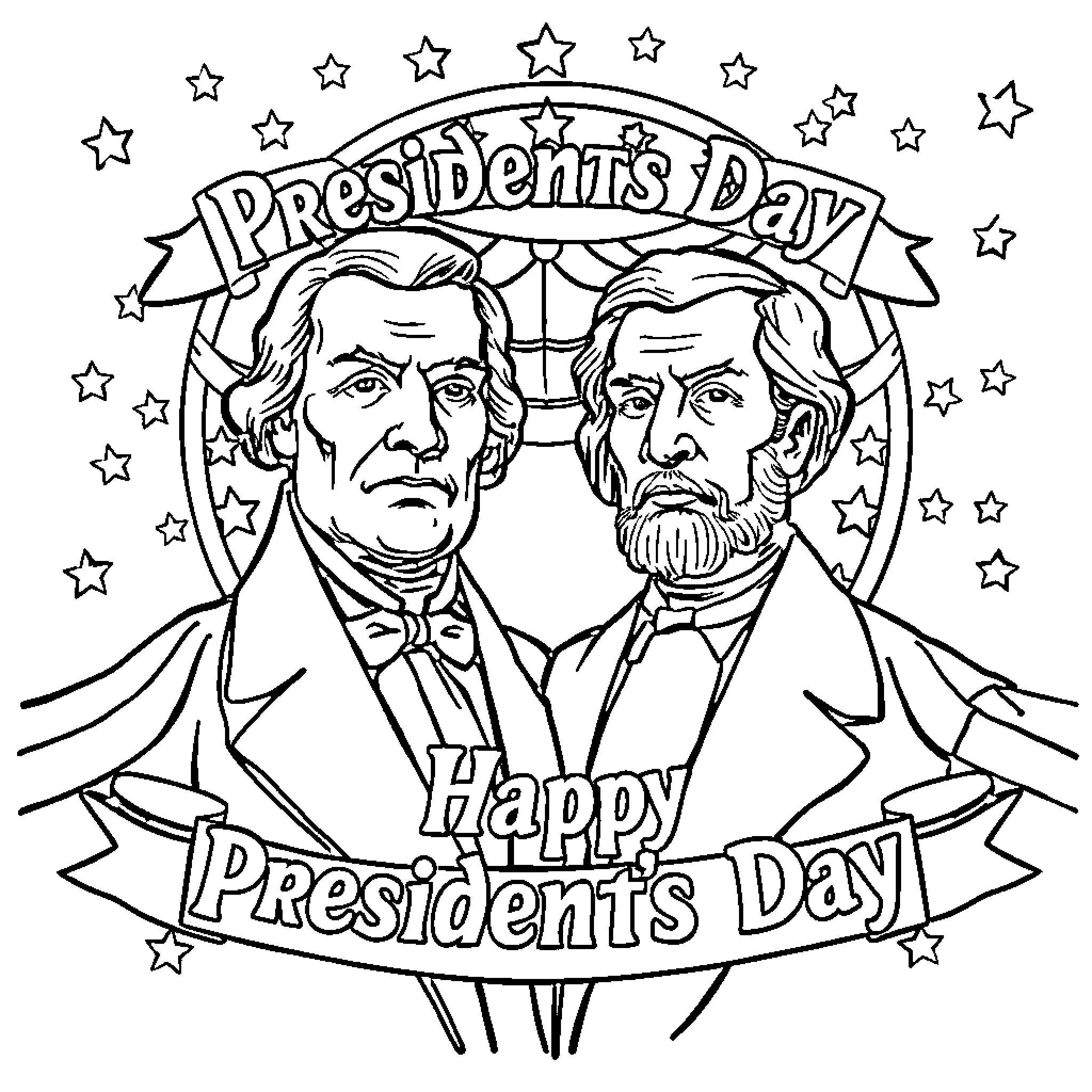 President's Day Celebration with Iconic Leaders Coloring Page (free black-and-white line drawing printable PDF for all, from beginners to advanced learners, including children, teens, adults, and seniors)