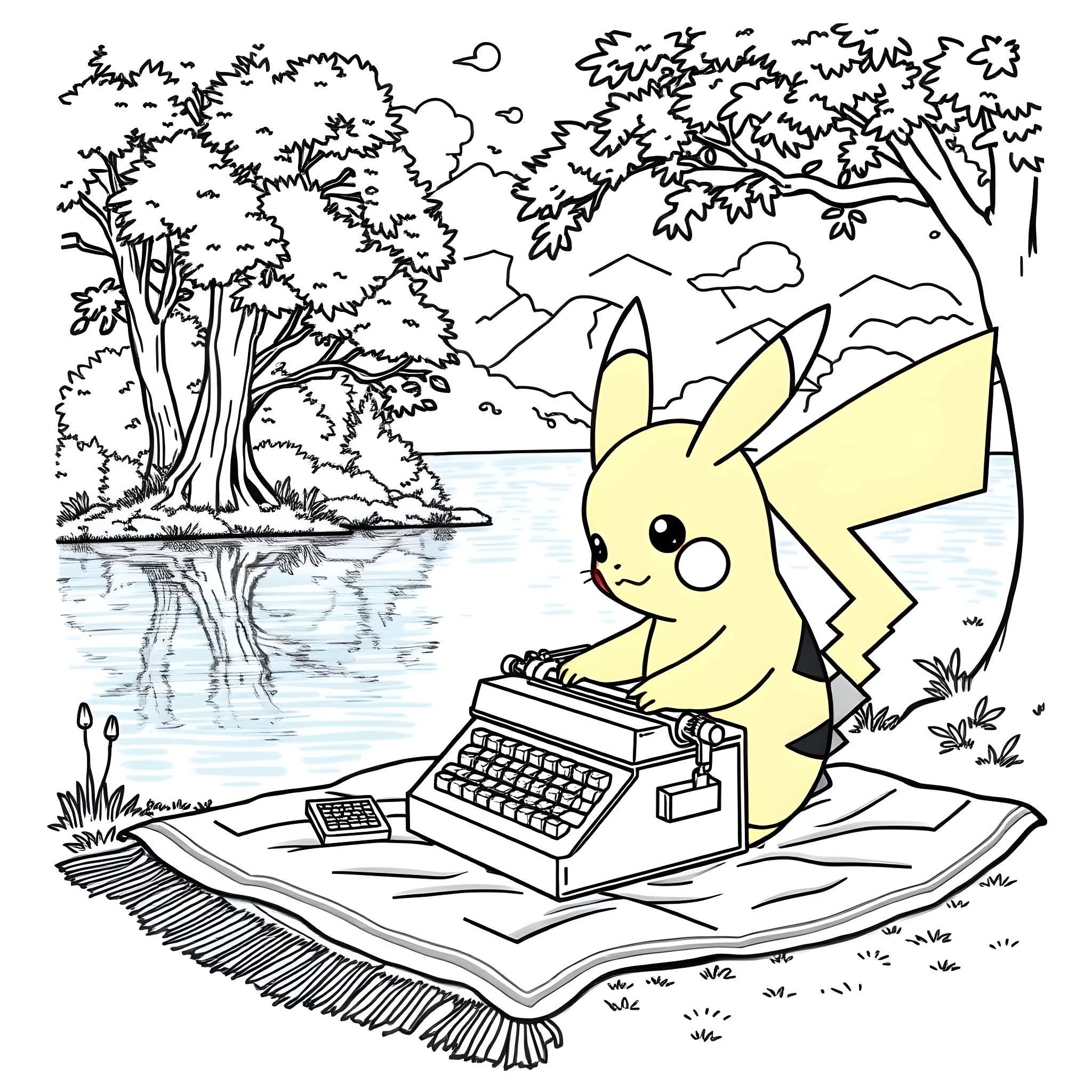 Pikachu typing on a typewriter in a scenic nature landscape Coloring Page (free black-and-white line drawing printable PDF for all, from beginners to advanced learners, including children, teens, adults, and seniors)