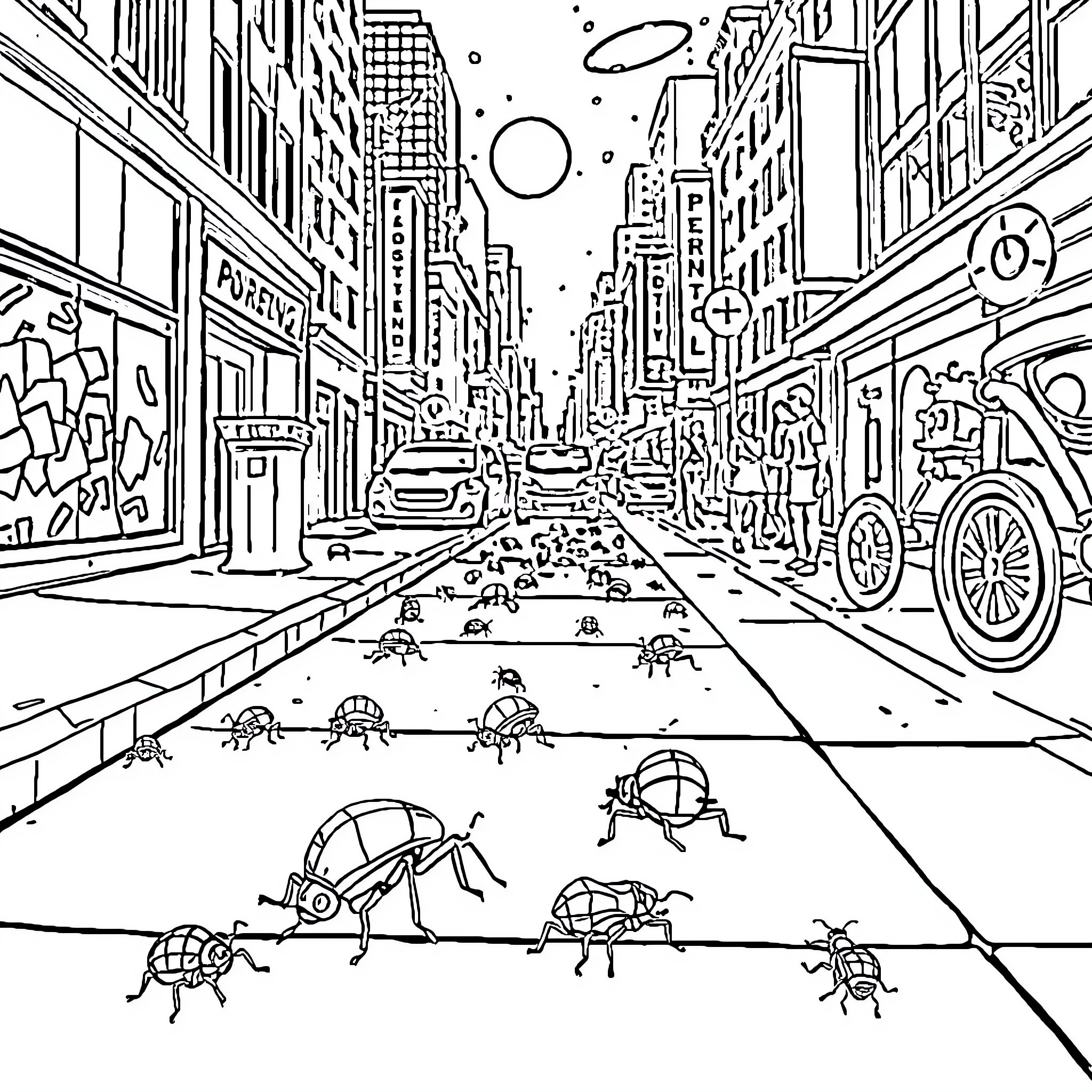Bug Invasion on a City Street Coloring Page (free black-and-white line drawing printable PDF for all, from beginners to advanced learners, including children, teens, adults, and seniors)