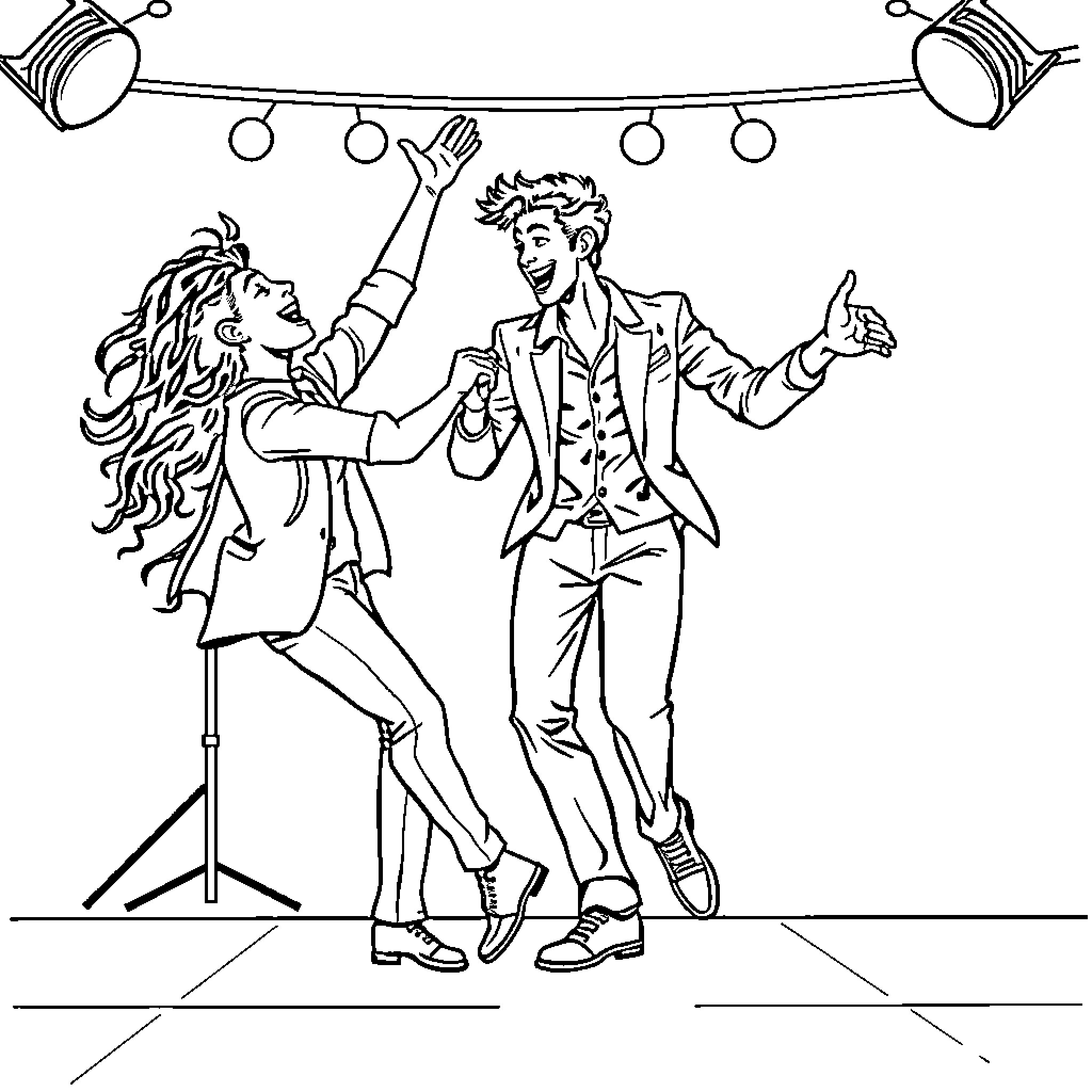 Bruno Fernandes and companion dancing on stage Coloring Page (free black-and-white line drawing printable PDF for all, from beginners to advanced learners, including children, teens, adults, and seniors)