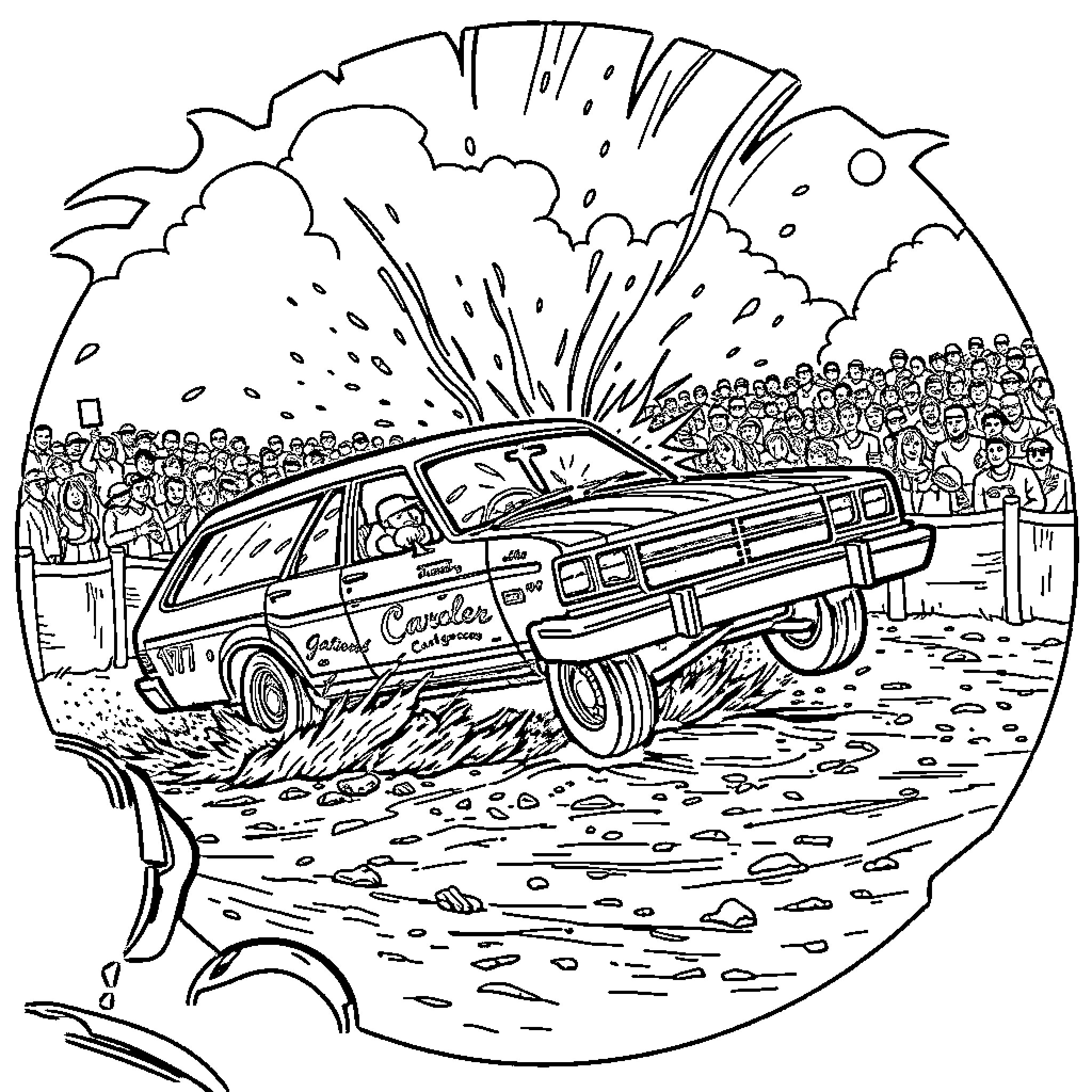 Station Wagon Navigating Outdoor Adventure Scene Coloring Page (free black-and-white line drawing printable PDF for all, from beginners to advanced learners, including children, teens, adults, and seniors)