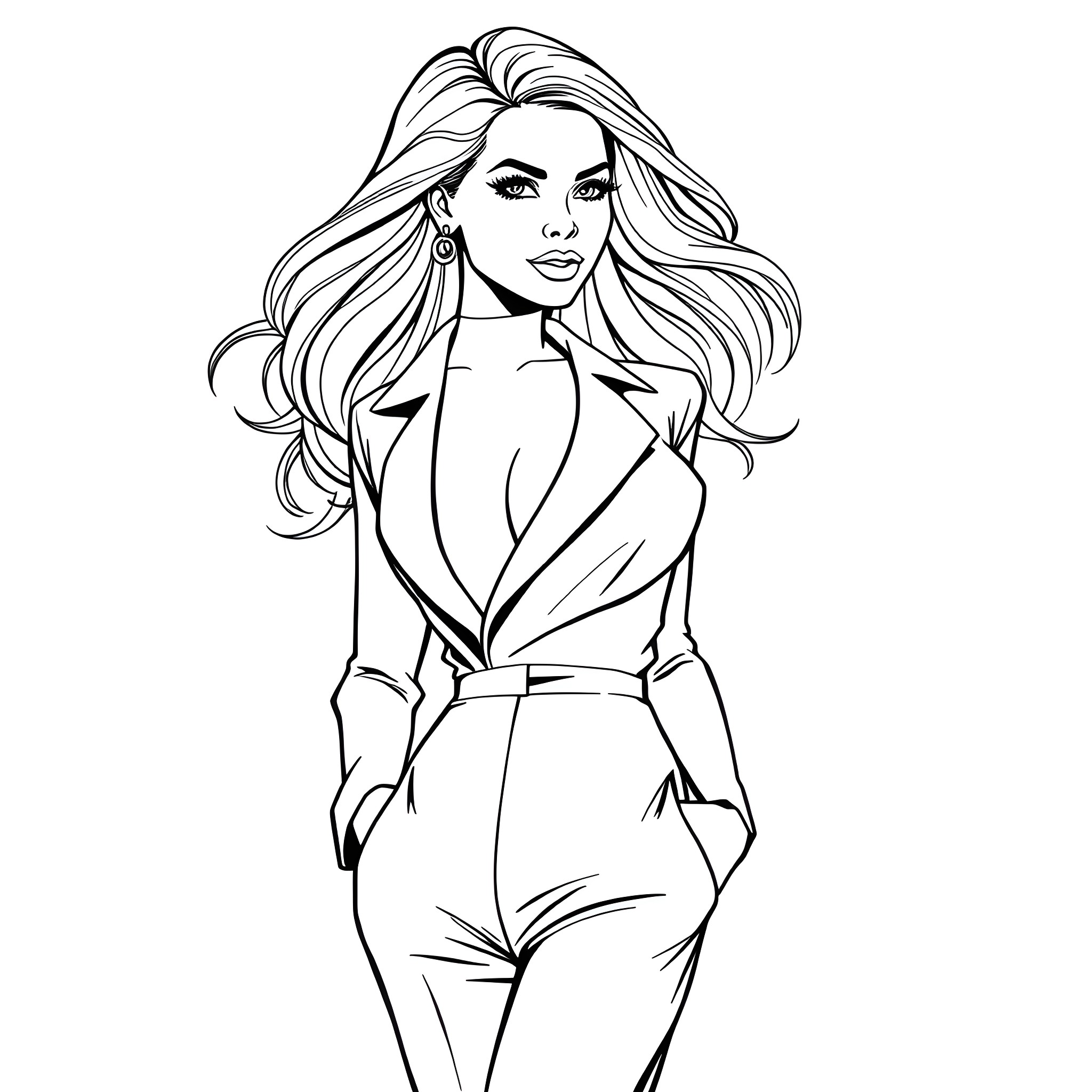 Woman in stylish outfit with flowing hair Coloring Page (free black-and-white line drawing printable PDF for all, from beginners to advanced learners, including children, teens, adults, and seniors)