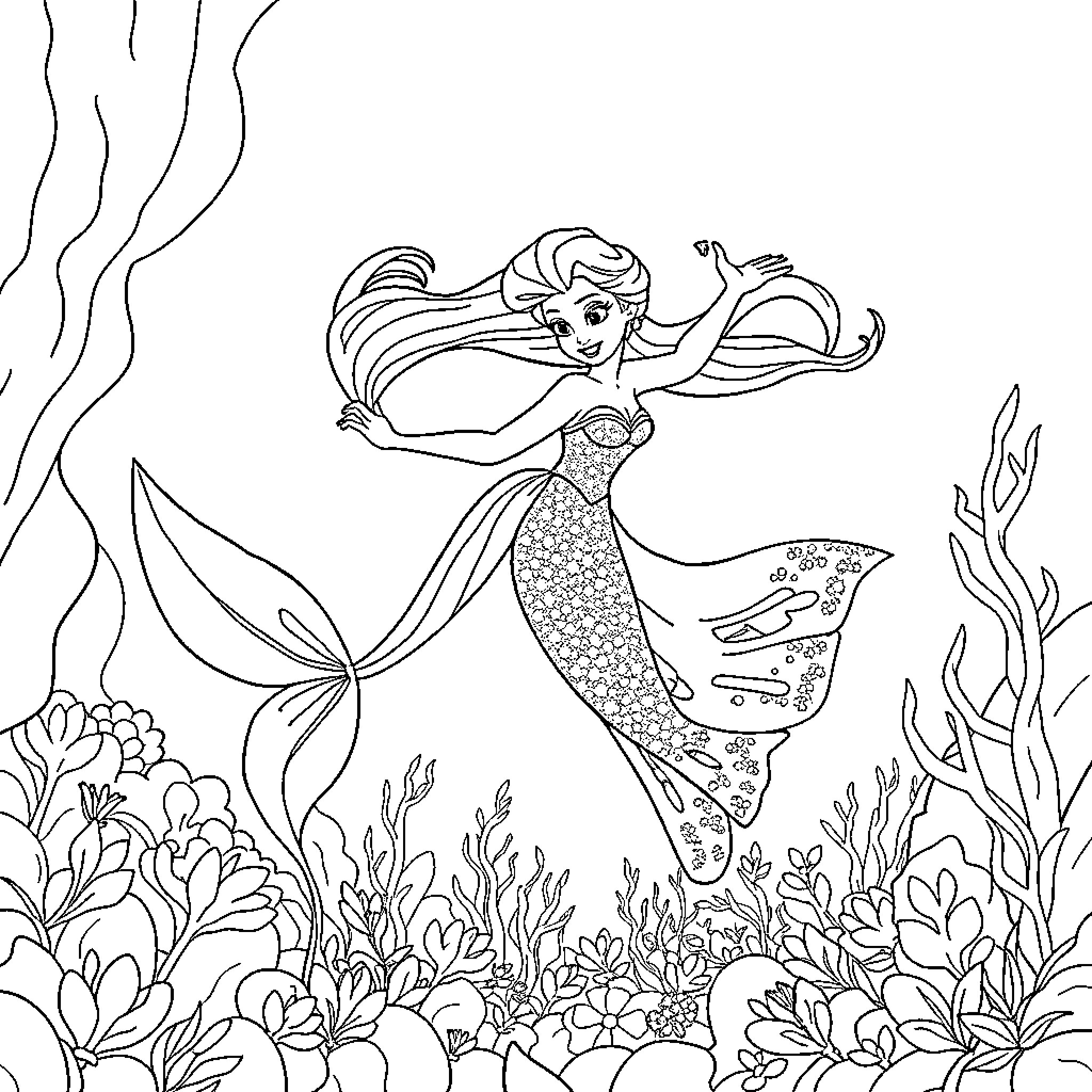 Elsa the Mermaid exploring the underwater world Coloring Page (free black-and-white line drawing printable PDF for all, from beginners to advanced learners, including children, teens, adults, and seniors)