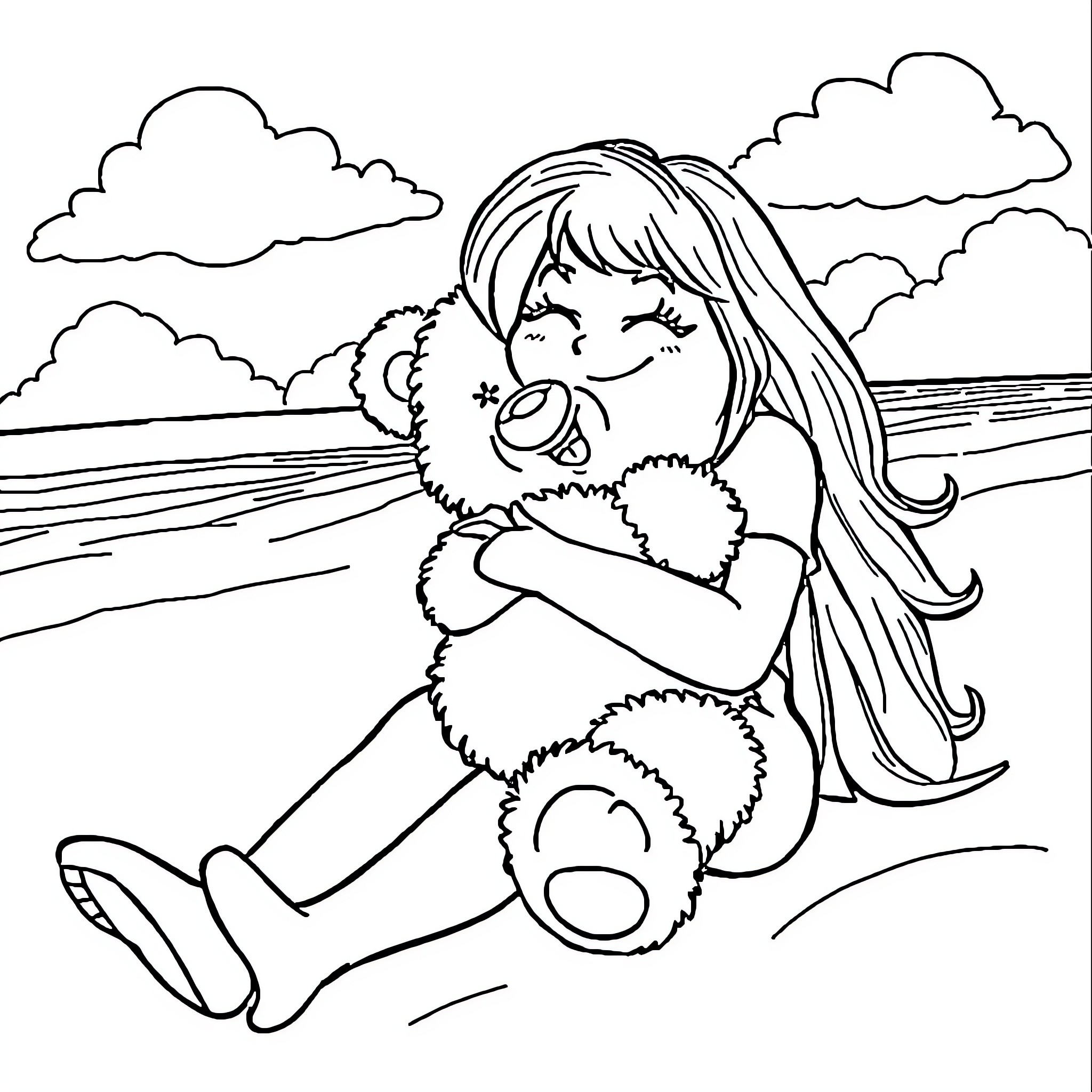 Bobbie Good playing happily with plush toy in field Coloring Page (free black-and-white line drawing printable PDF for all, from beginners to advanced learners, including children, teens, adults, and seniors)