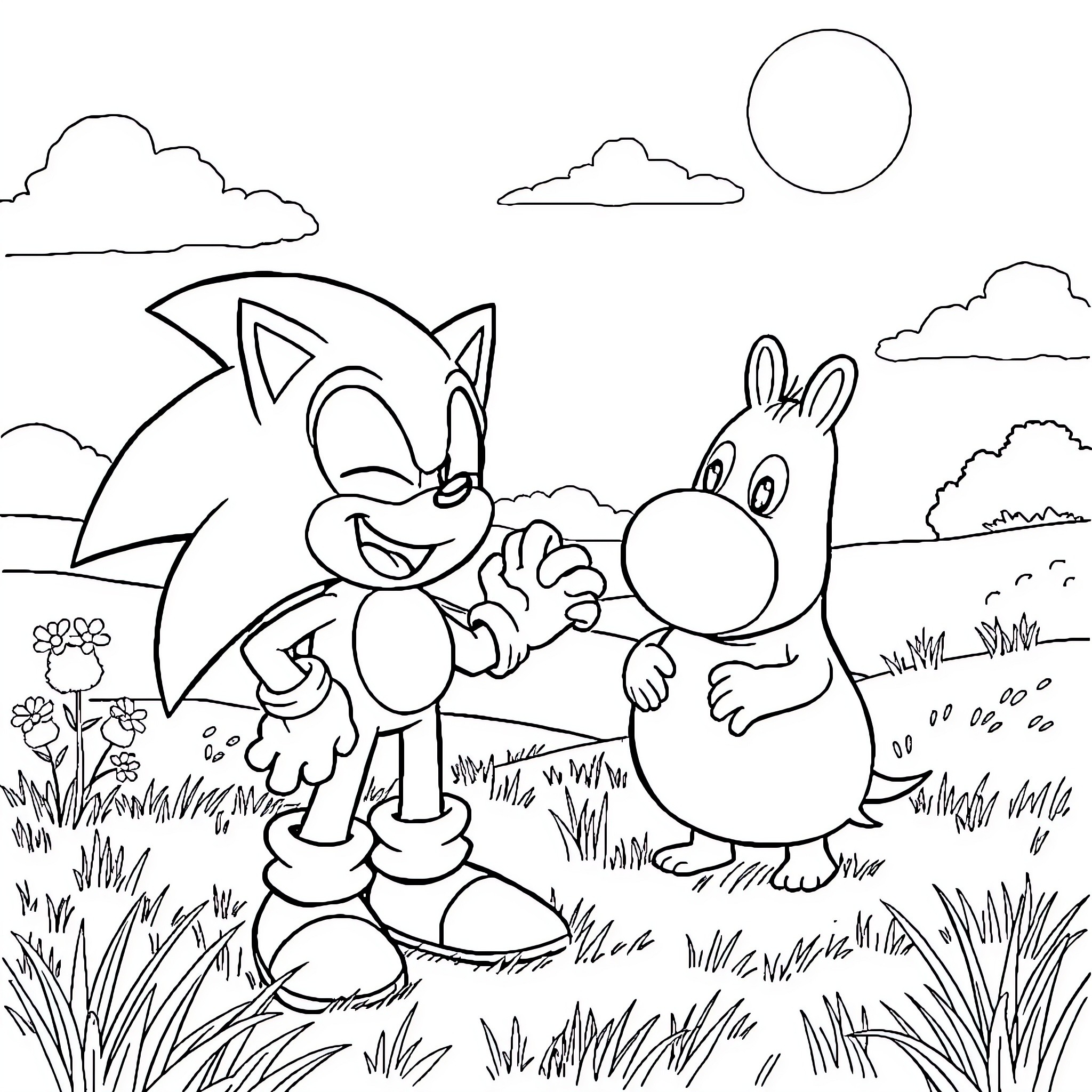 Sonic and friends explore the outdoor scene Coloring Page (free black-and-white line drawing printable PDF for all, from beginners to advanced learners, including children, teens, adults, and seniors)