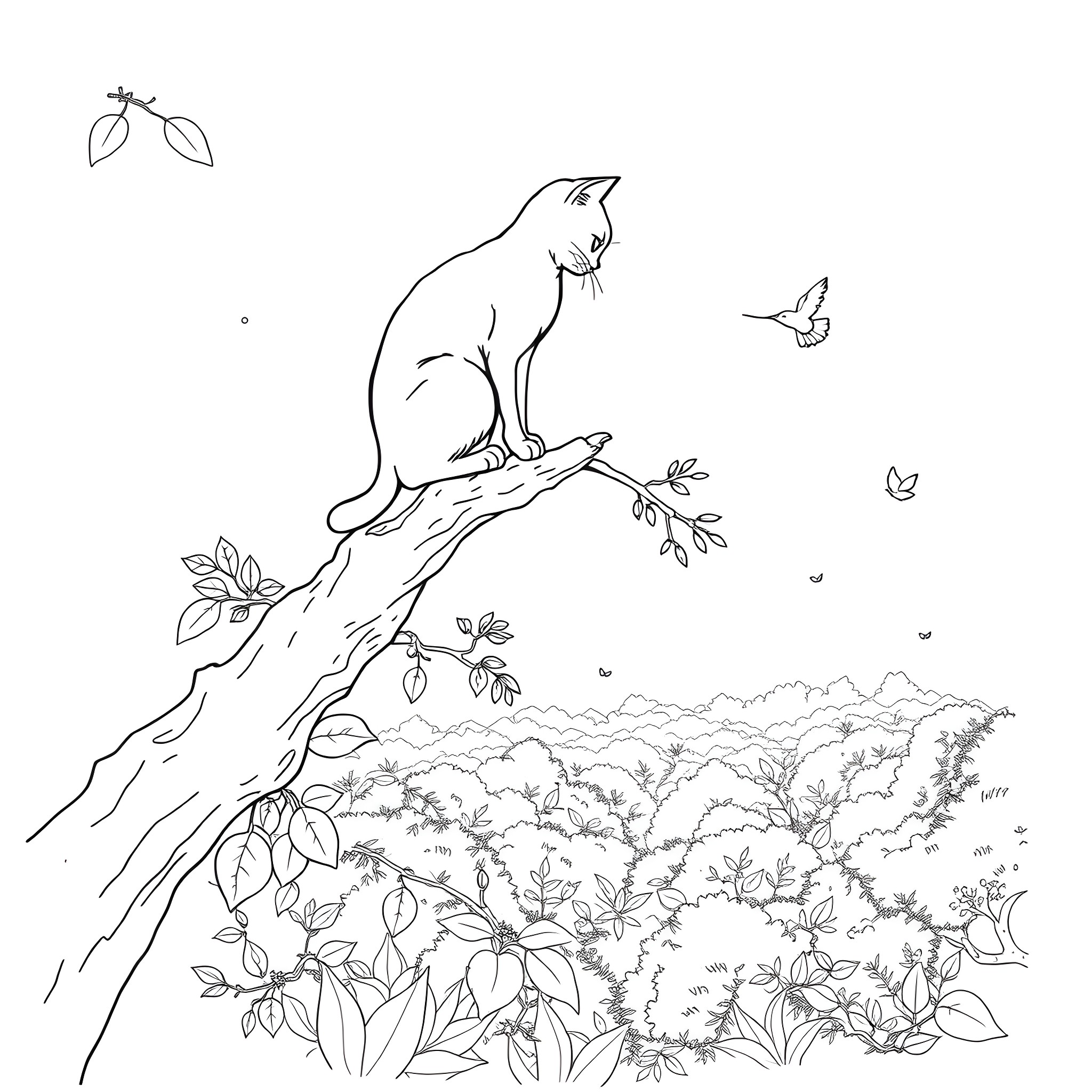 Cat perched on a tree branch overlooking a forest Coloring Page (free black-and-white line drawing printable PDF for all, from beginners to advanced learners, including children, teens, adults, and seniors)