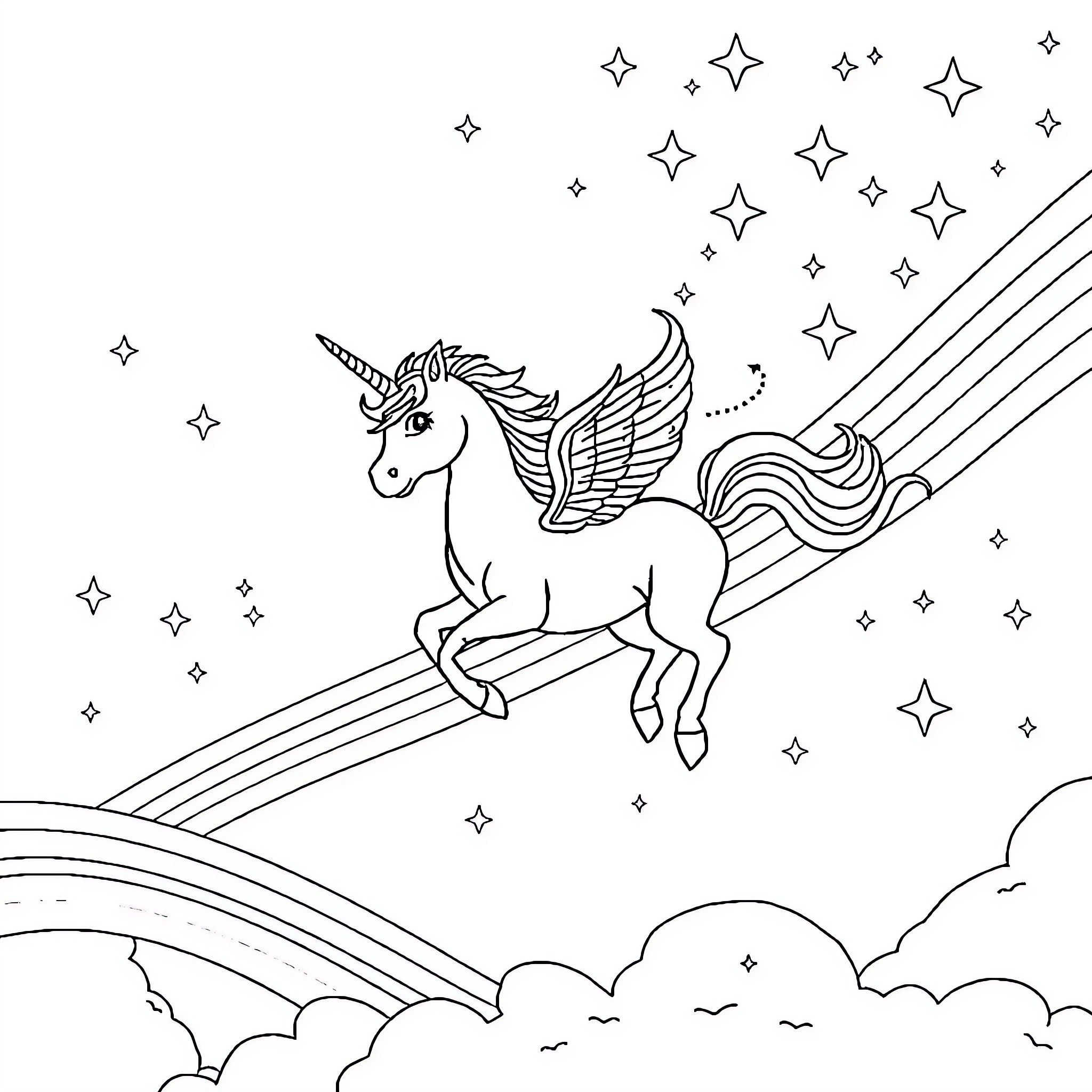 Unicorn soaring through the starry night sky Coloring Page (free black-and-white line drawing printable PDF for all, from beginners to advanced learners, including children, teens, adults, and seniors)