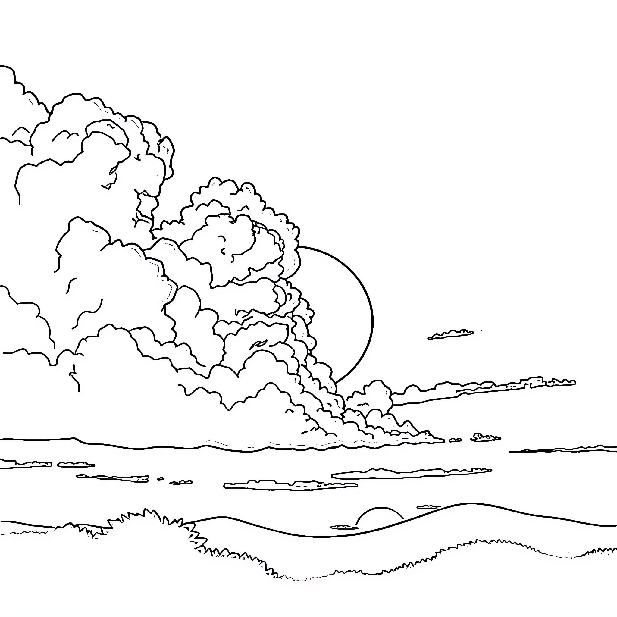 Sunset landscape with clouds and horizon Coloring Page (free black-and-white line drawing printable PDF for all, from beginners to advanced learners, including children, teens, adults, and seniors)