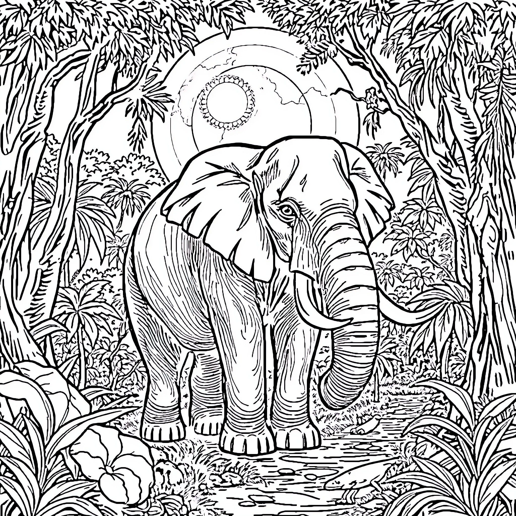 Elephant in a Lush Jungle Landscape Coloring Page (free black-and-white line drawing printable PDF for all, from beginners to advanced learners, including children, teens, adults, and seniors)