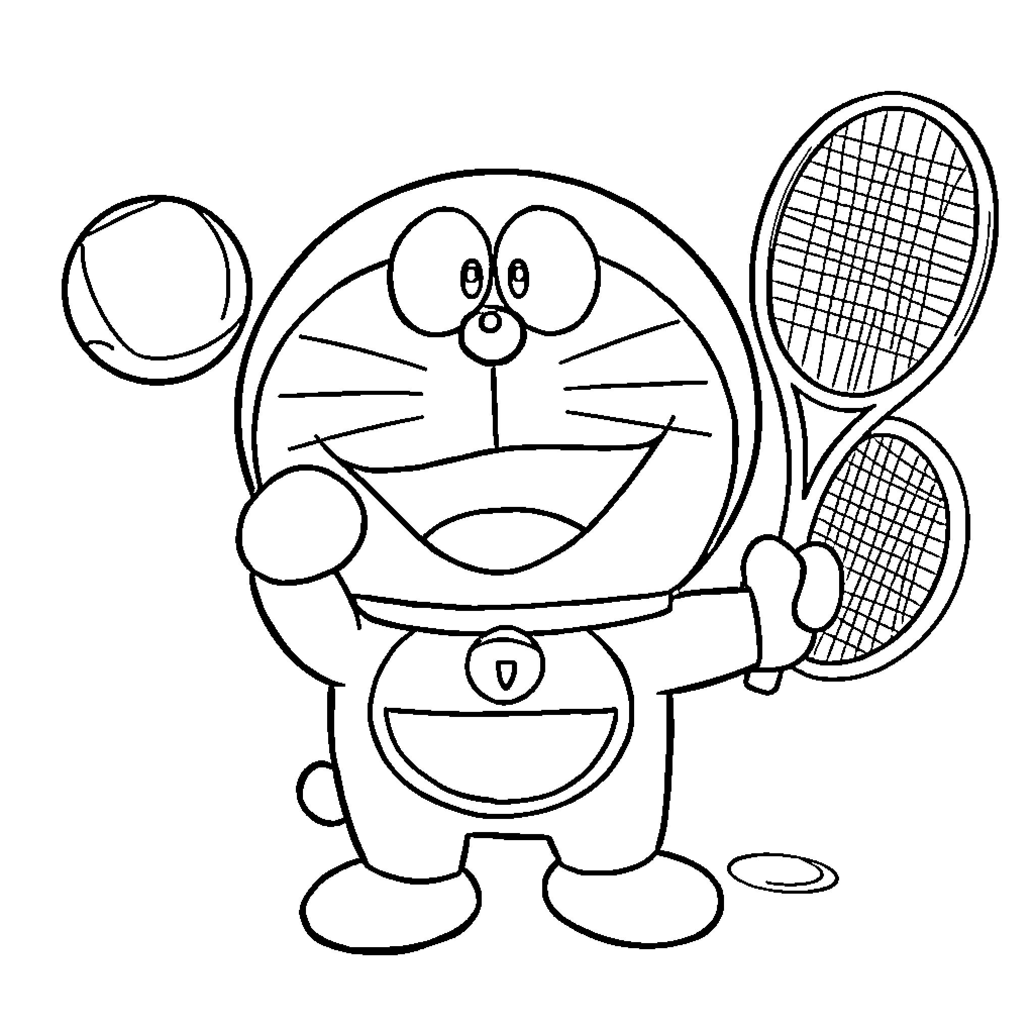 Doraemon playing tennis with rackets and balls Coloring Page (free black-and-white line drawing printable PDF for all, from beginners to advanced learners, including children, teens, adults, and seniors)