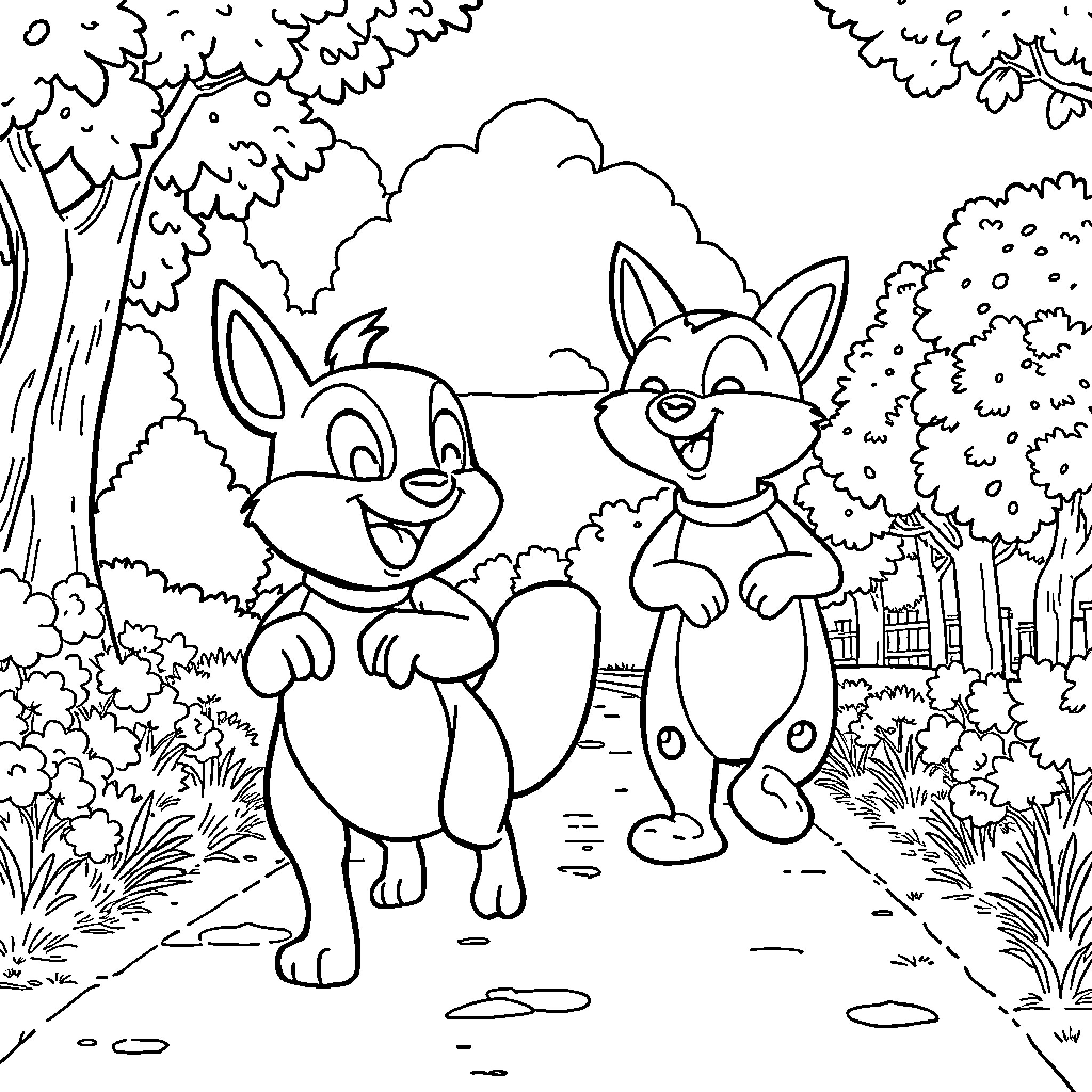 Chase through the enchanted forest Coloring Page (free black-and-white line drawing printable PDF for all, from beginners to advanced learners, including children, teens, adults, and seniors)