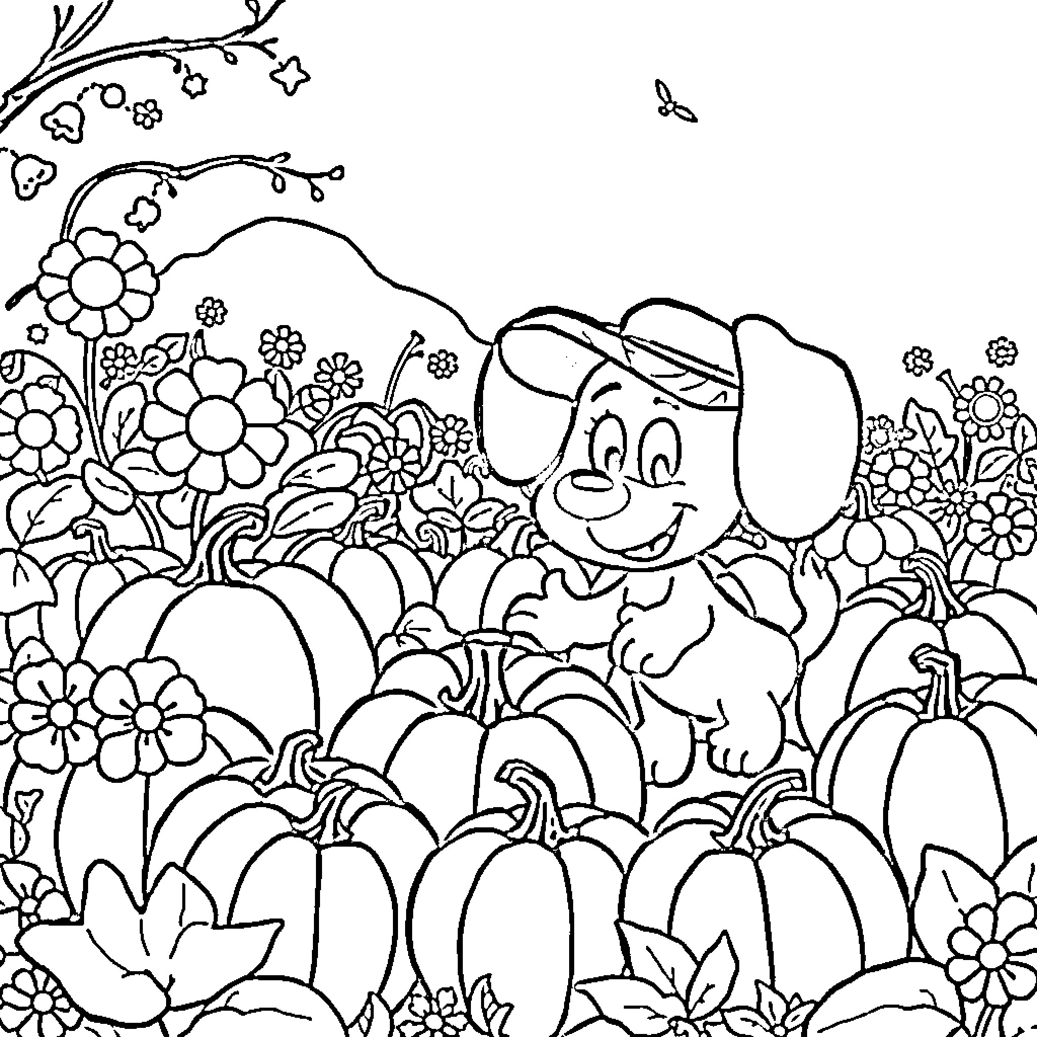 Blue flower garden with playful puppy Coloring Page (free black-and-white line drawing printable PDF for all, from beginners to advanced learners, including children, teens, adults, and seniors)