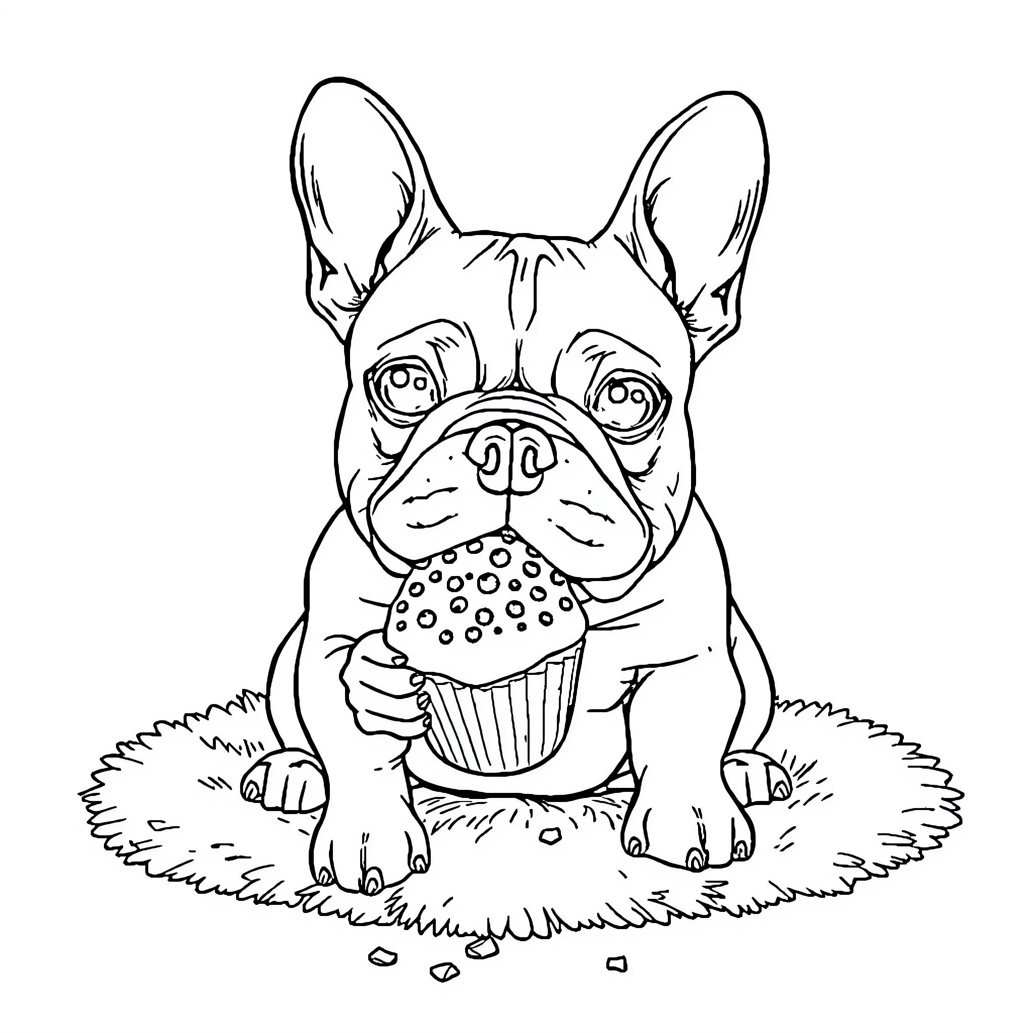 French Bulldog enjoying a cupcake treat Coloring Page (free black-and-white line drawing printable PDF for all, from beginners to advanced learners, including children, teens, adults, and seniors)