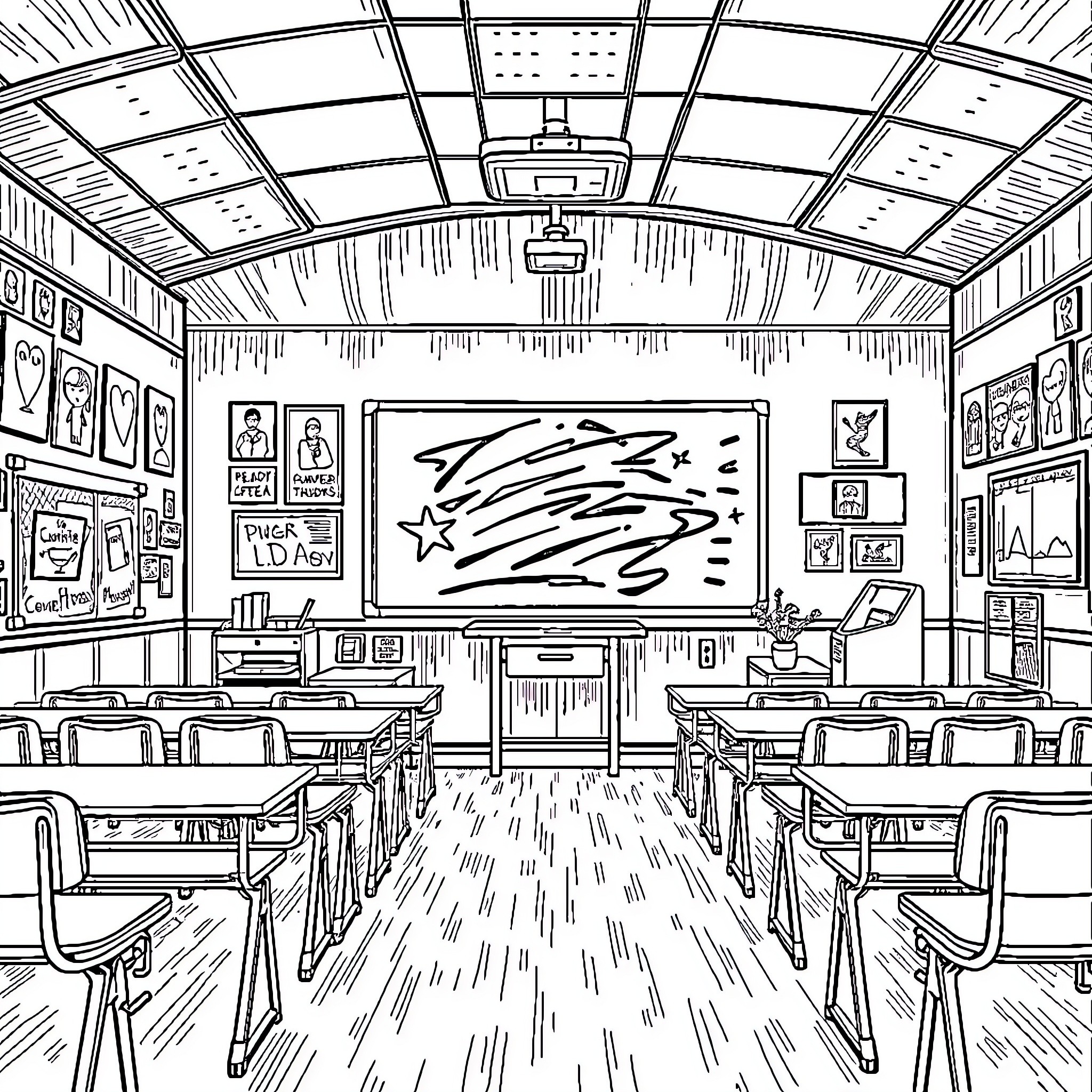 Classroom with chalkboard and student desks Coloring Page (free black-and-white line drawing printable PDF for all, from beginners to advanced learners, including children, teens, adults, and seniors)