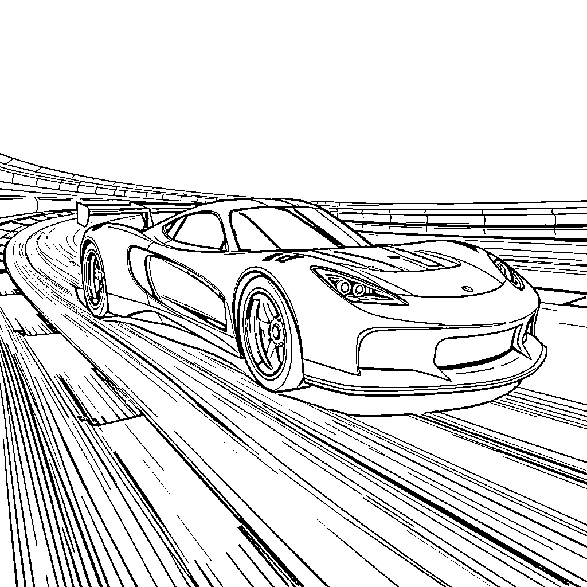 Hot Wheels racing down the track Coloring Page (free black-and-white line drawing printable PDF for all, from beginners to advanced learners, including children, teens, adults, and seniors)