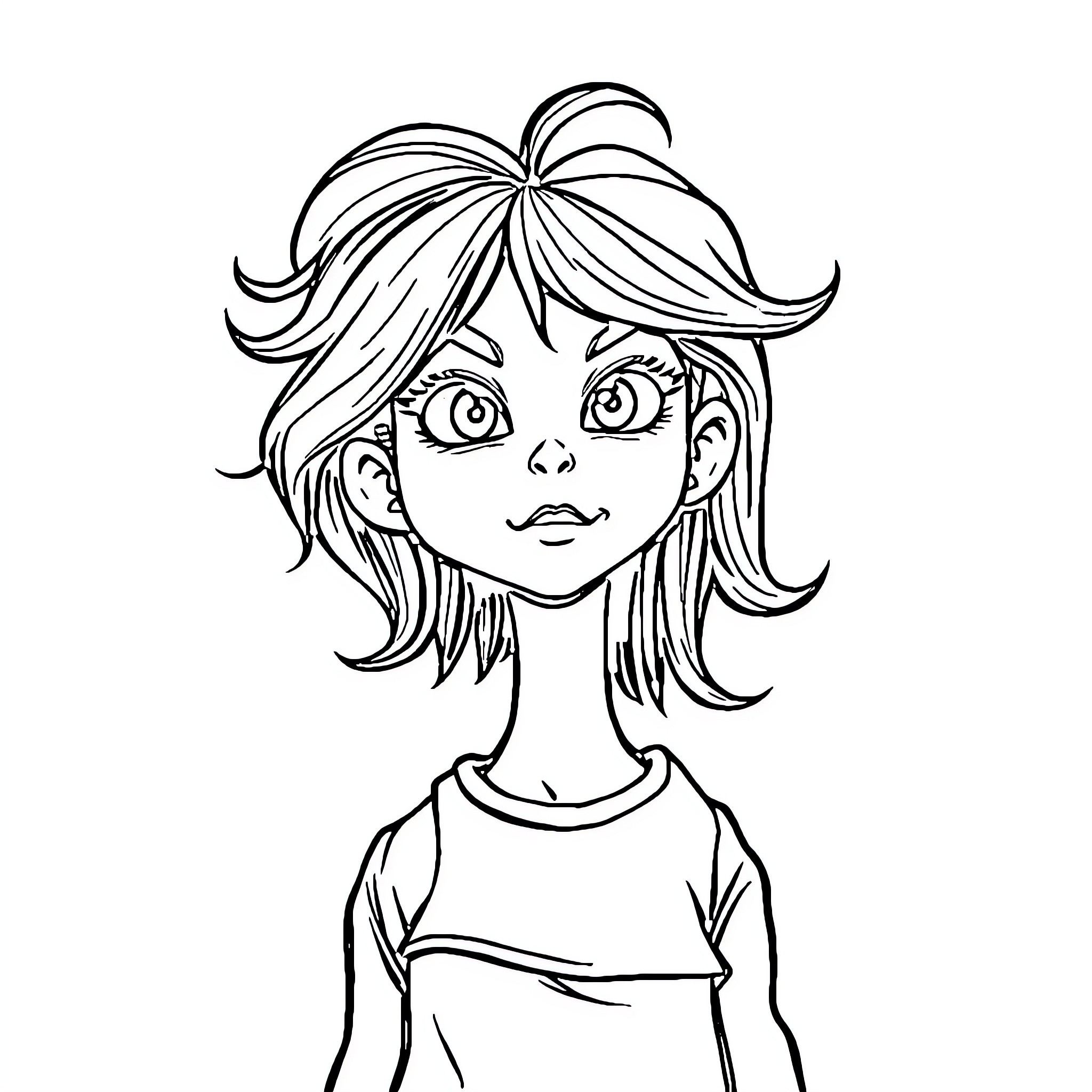 Girl with Expressive Anime-Style Facial Features Coloring Page (free black-and-white line drawing printable PDF for all, from beginners to advanced learners, including children, teens, adults, and seniors)